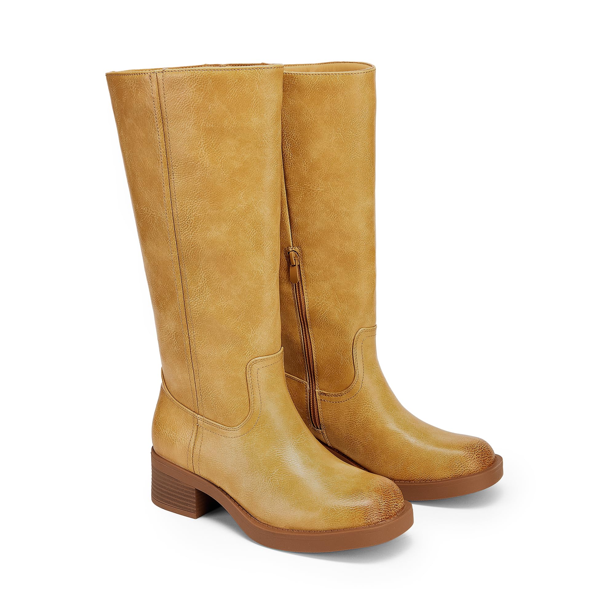 DREAM PAIRS Damskie buty do jazdy konnej z kwadratowymi noskami, ŻÓŁTY
