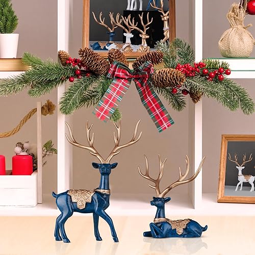 Miniatura 9 de Juego de 2 estatuas de reno de Navidad, estatua de cervatillo en estante, decoración moderna azul para el hogar, decoración de mesa de Navidad de