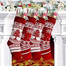 Yostyle Christmas Stockings, 4 Pack 18 inches Large Size Cable Knit Knitted Xmas Stockings, Rustic Personalized Stocking Decorations for Family Holiday Season Decor Snowflakes, Xmas Tree