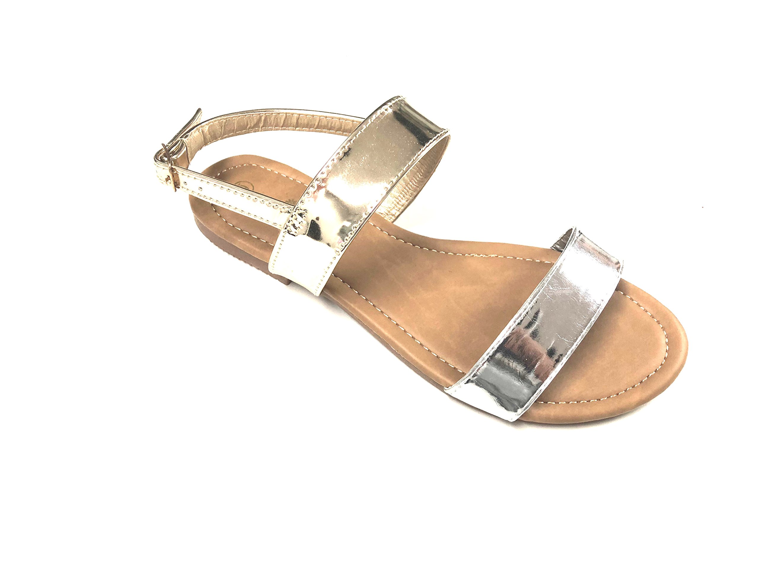 Womens Sandals, Double Strap, Open Toe Flat Summer Sandals for Women, Shoes for Ladies (7, Silver Gold)
