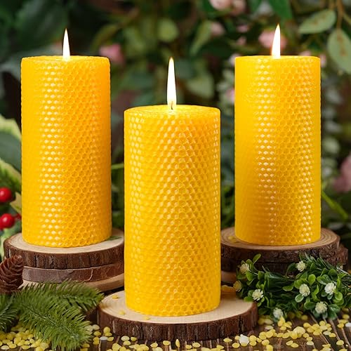 Miniatura 13 de Paquete de 3 velas de pilar de cera de abeja natural, hechas a mano, velas enrolladas de cera de abeja pura, 60 horas de combustión, velas de cera 2