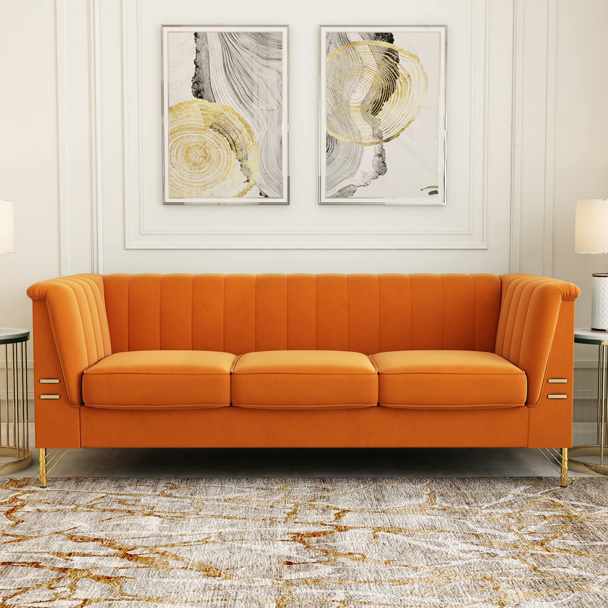 Amazon Com Orange Velvet Couch 84 Inch Wide Mid Century Modern Couch Velvet Upholstered Sofa Love Seats Settee Tuxedo Couches With Flared Arm 3 Seat Tufted Comfy Couch For Living Room Chesterfield Orange