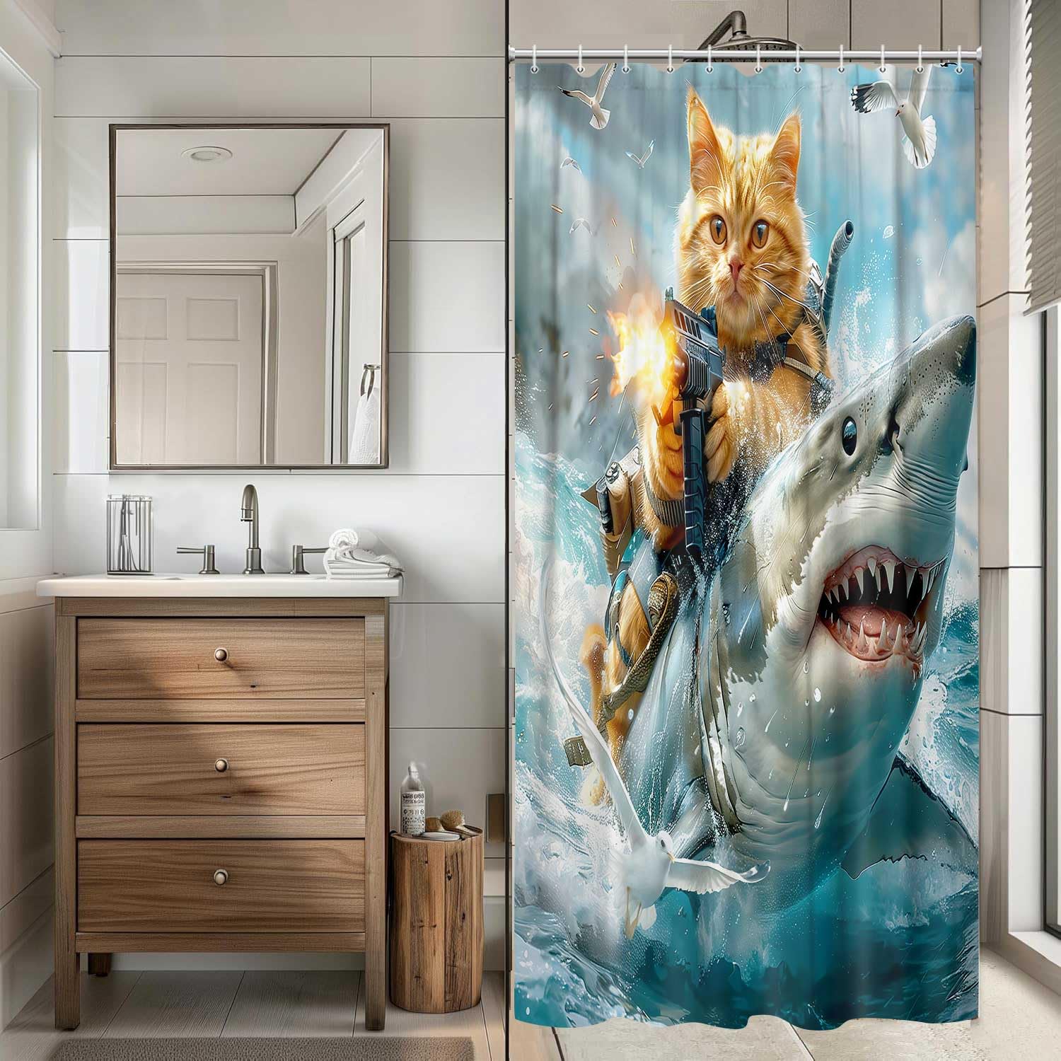 JAWO Funny Cat Shower Curtain for Bathroom, Riding Shark Theme Ocean Curtains for Bathroom Nautical Kids Decor Shower Curtain, Cute Cool Cat Riding