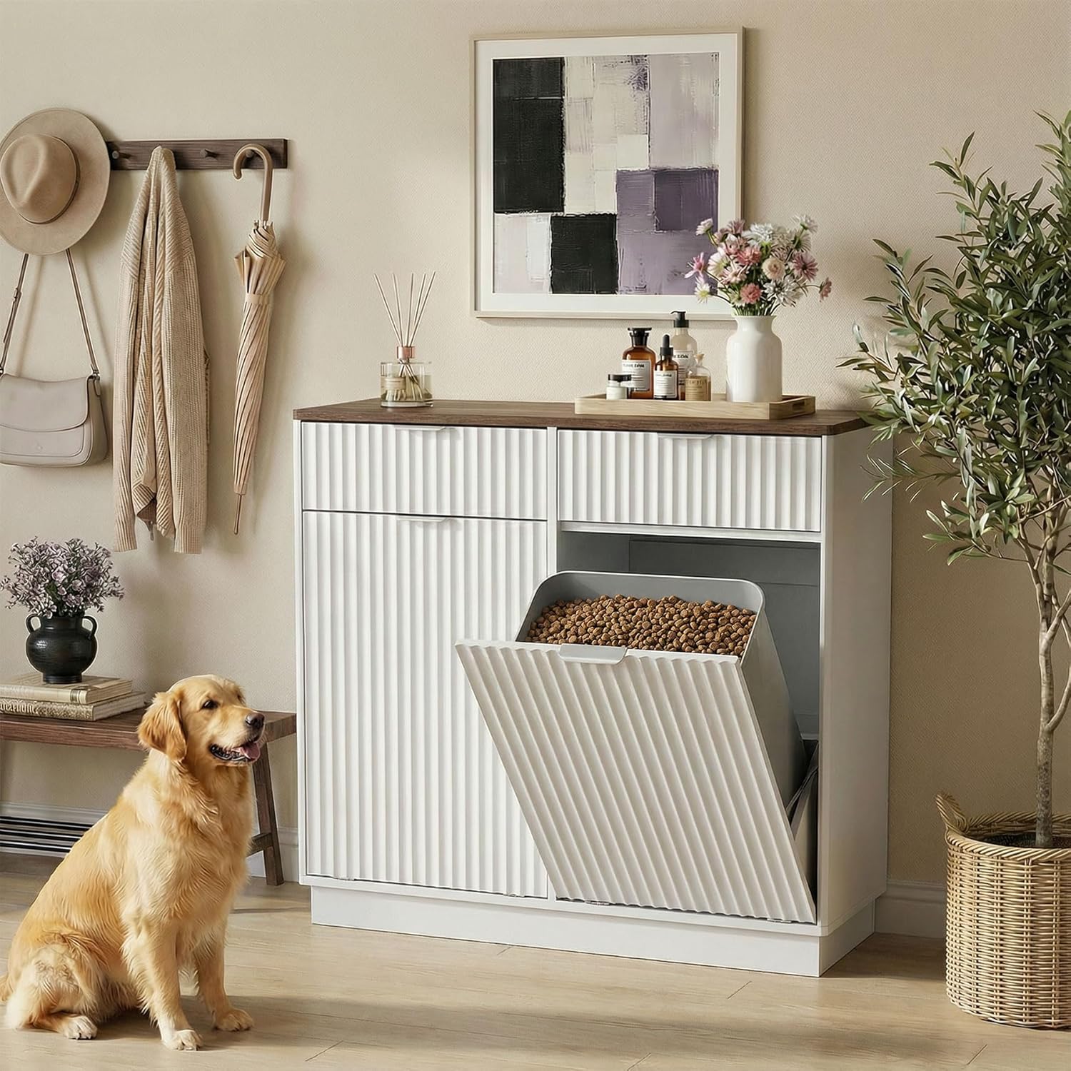 White Tilt Out Trash Can Cabinet with Drawers, Double Laundry Hamper Cabinet, Fluted Wooden Hidden Laundry Hamper for Kitchen, Living Room or Bathroom
