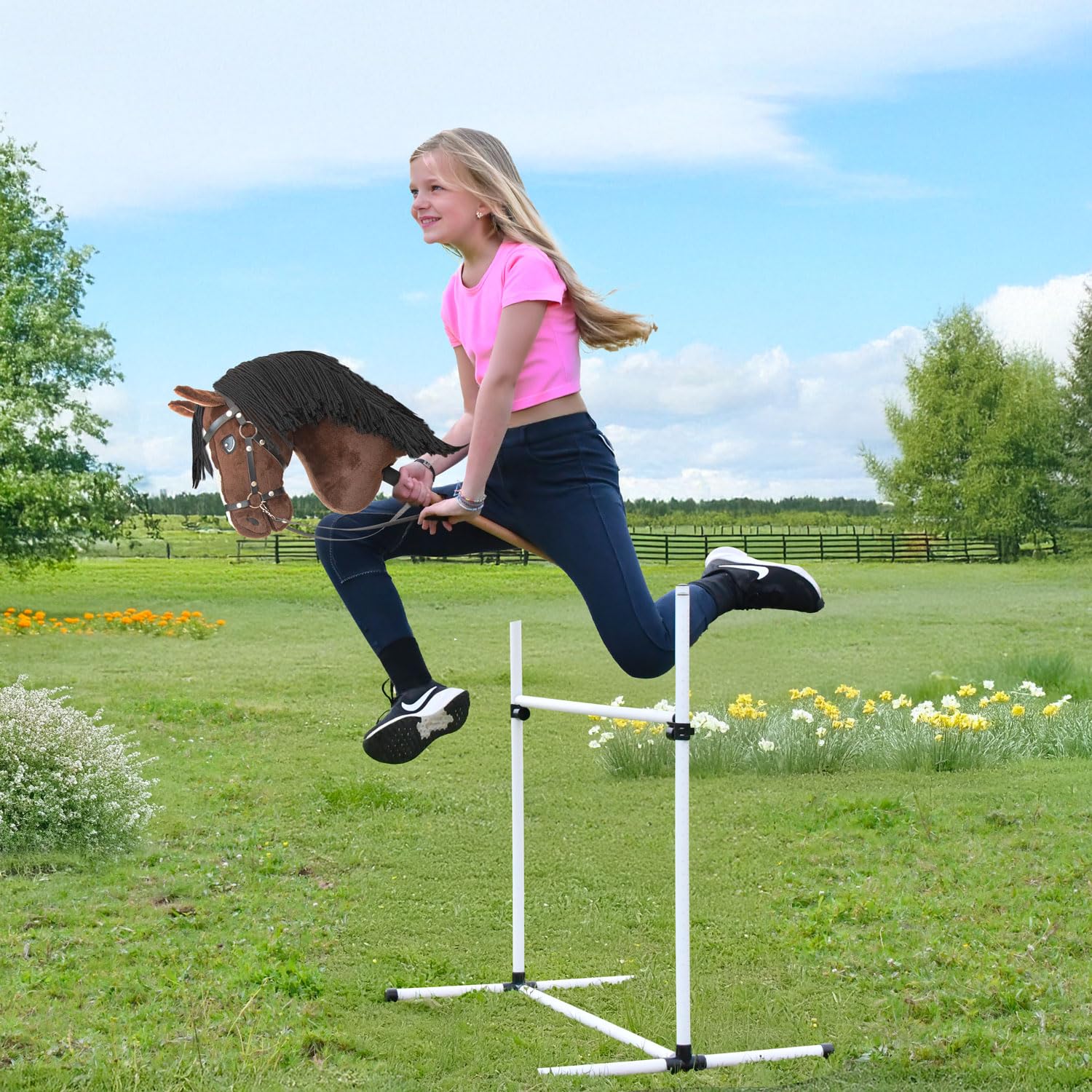 Hobby Horse Bai Brązowe Czarne Włosy. Kompletny kij koń z siatką, mors, sterem i floką. kij do hobby koni dla dzieci i młodzieży