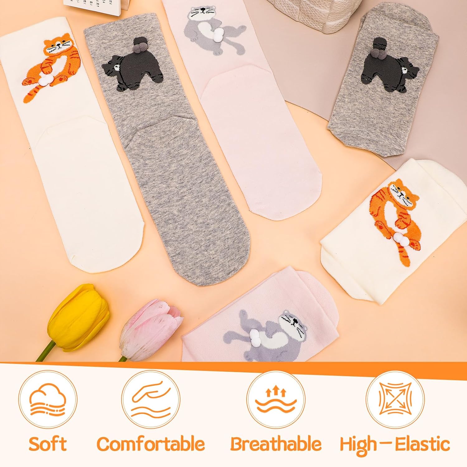 6 Pairs Cute Animal Balls Socks, Women Funny 3D Dog Cat Ball Sock, Novelty Cotton Socks for Cats Dogs Lovers Gifts