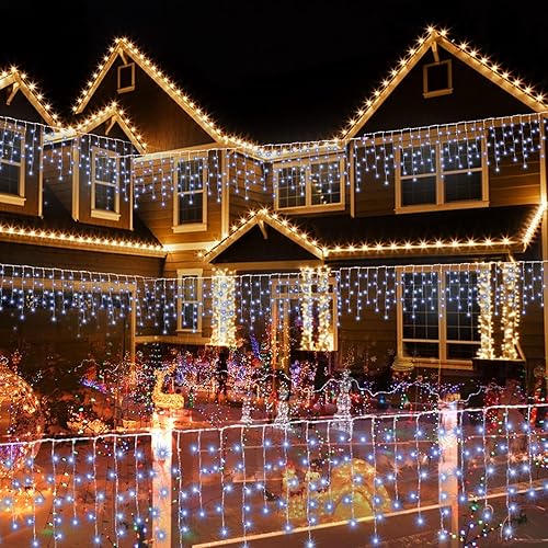 Miniatura 7 de Luces de carámbano de Navidad para decoración al aire libre, 8 modos, 300 luces LED conectables de 30 pies, 60 gotas para aleros, ventana, hogar,