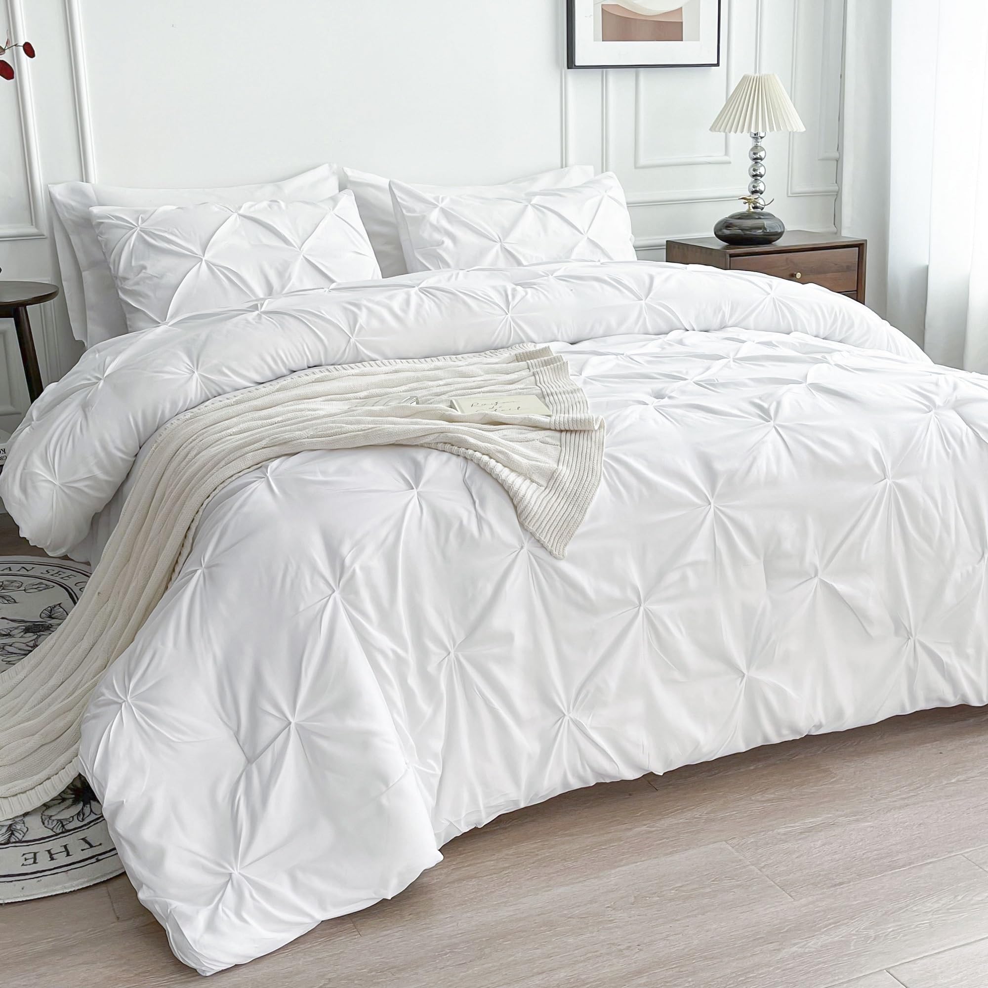 Maple&Stone Full Size Comforter Sets, 7 Pieces Bedding Sets Full, Pintuck Bed in a Bag Bed Set with Comforter, Sheets, Pillowcases & Shams - White