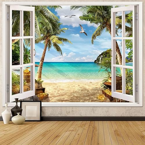 Leeisysme Tapiz de paisaje de playa, océano tropical, isla de mar, palmera, playa, tapices para sala de estar, ventana de verano, para colgar en la