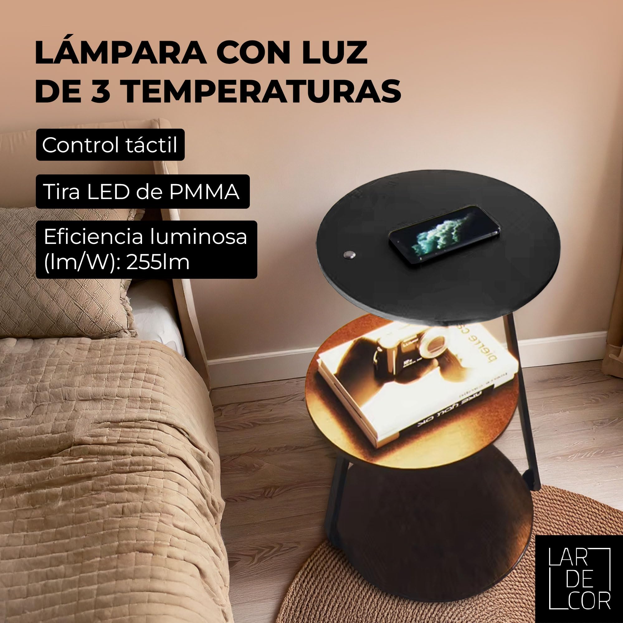 Mesita de Noche con Estación de Carga y Luz LED Variable, Mesa Auxiliar Alta de Madera con Cargador Inalámbrico y 2 Estantes, Ideal para Dormitorio o Salón, 35x61 cm (Zenith)