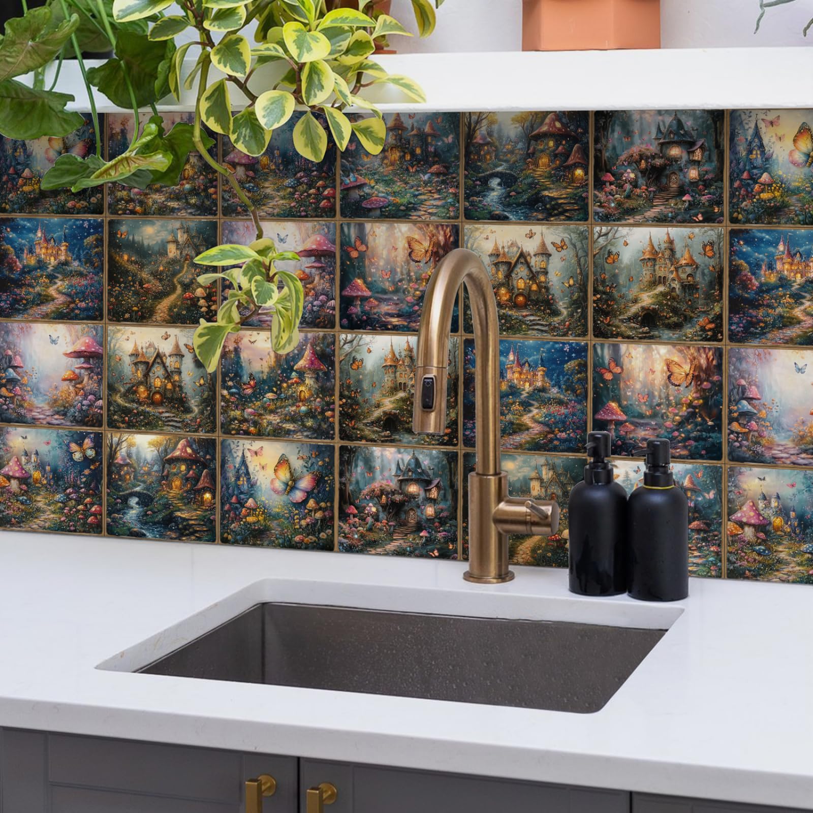 Azulejos Adhesivos Cocina Edificios Azules Amarillos Impermeables Baño Azulejos, Diy Extraíble Vinilo Vinilo Pared Cocina