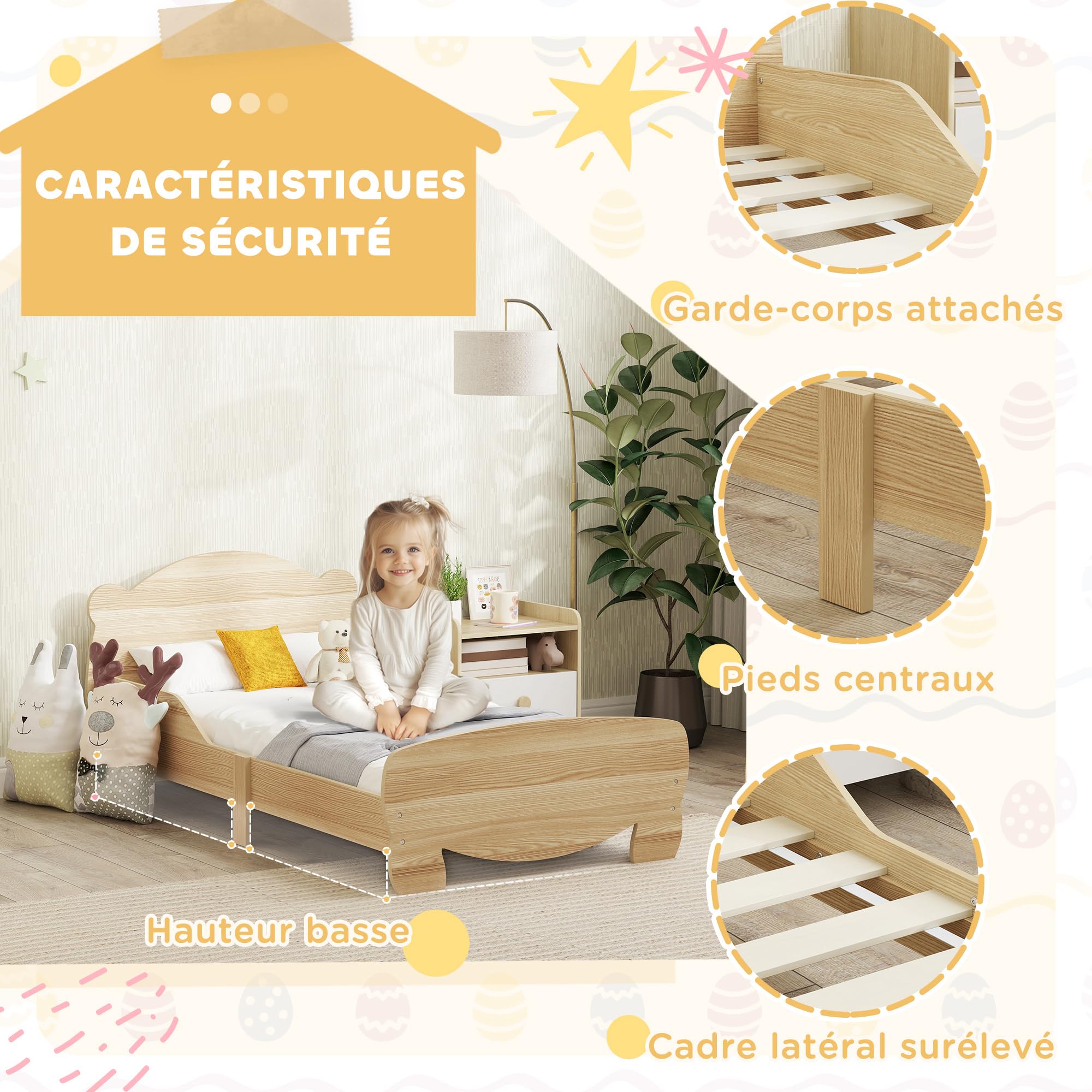 AIYAPLAY Kinderbett 70x140cm für Jungen und Mädchen 3-6 Jahre Naturholz | Kinderbett mit Sicherheitsbarriere, Lattenrost, Bären-Dekor