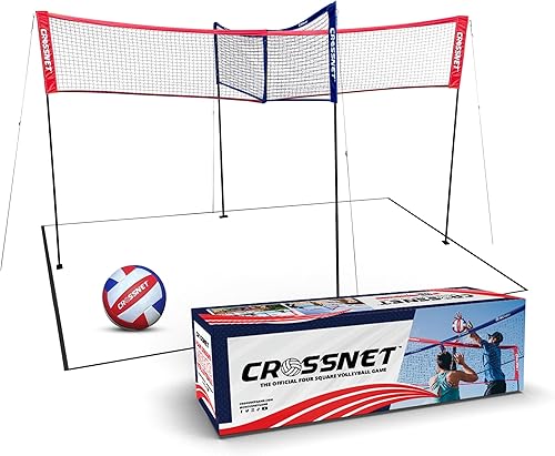 CROSSNET Juego de voleibol cuadrado de 4 unidades para adultos y niños con red de voleibol, mochila y pelota para juegos al aire libre