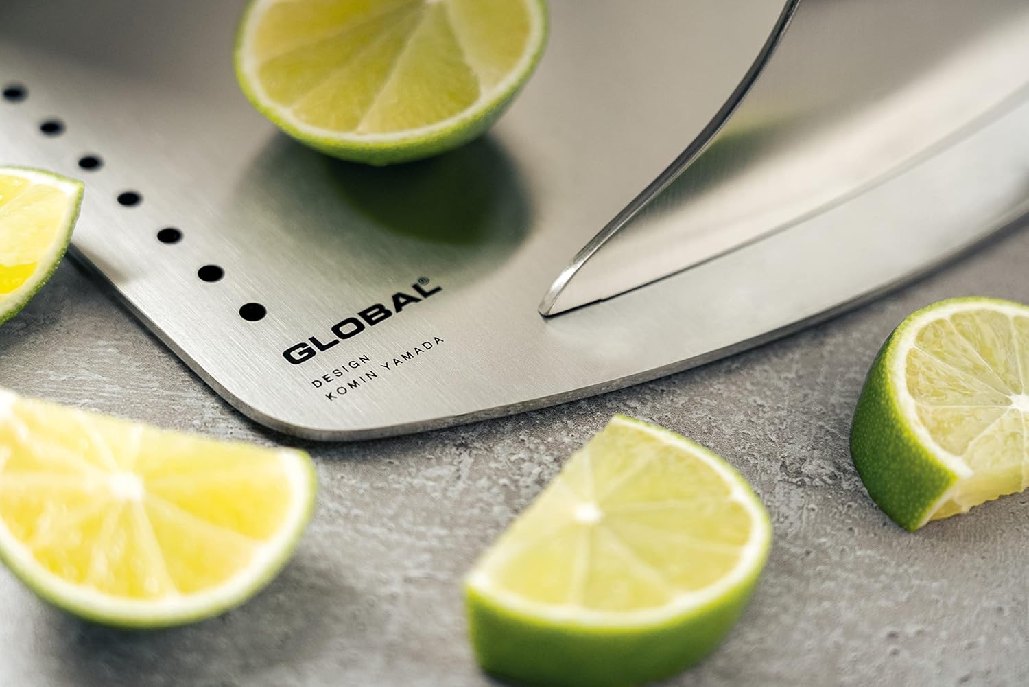 Global UKON 6-Piece Professional Kitchen Knife Set, CROMOVA 18 Stainless Steel – Contains 5 Kitchen Knives & 1 Knife Block, Silver