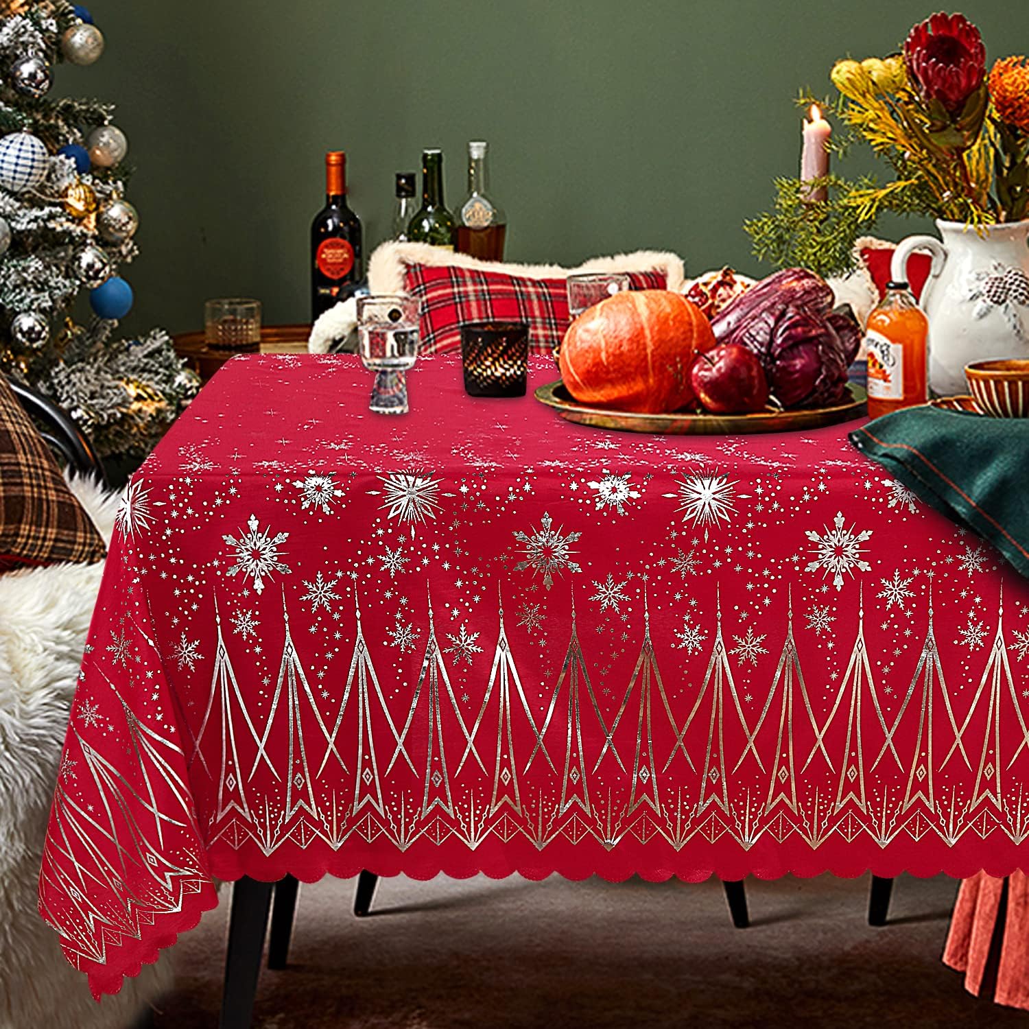 LUSHVIDA Christmas Rectangle Table Cloth – Washable Water Resistance Holiday Microfiber Tablecloth Decorative Table Cover for Banquet Party Kitchen Dining Room, 60 x 120 Inch