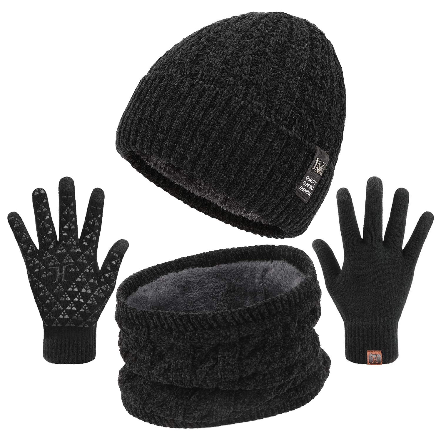 TAGVO 3in1 Invierno Set de Bufanda, Gorro y Guantes, Forro Polar cálido Grueso elástico Ultra Suave Forro Interior Sombreros de Caliente Punto Cuello Calentador Guantes táctiles de Pantalla