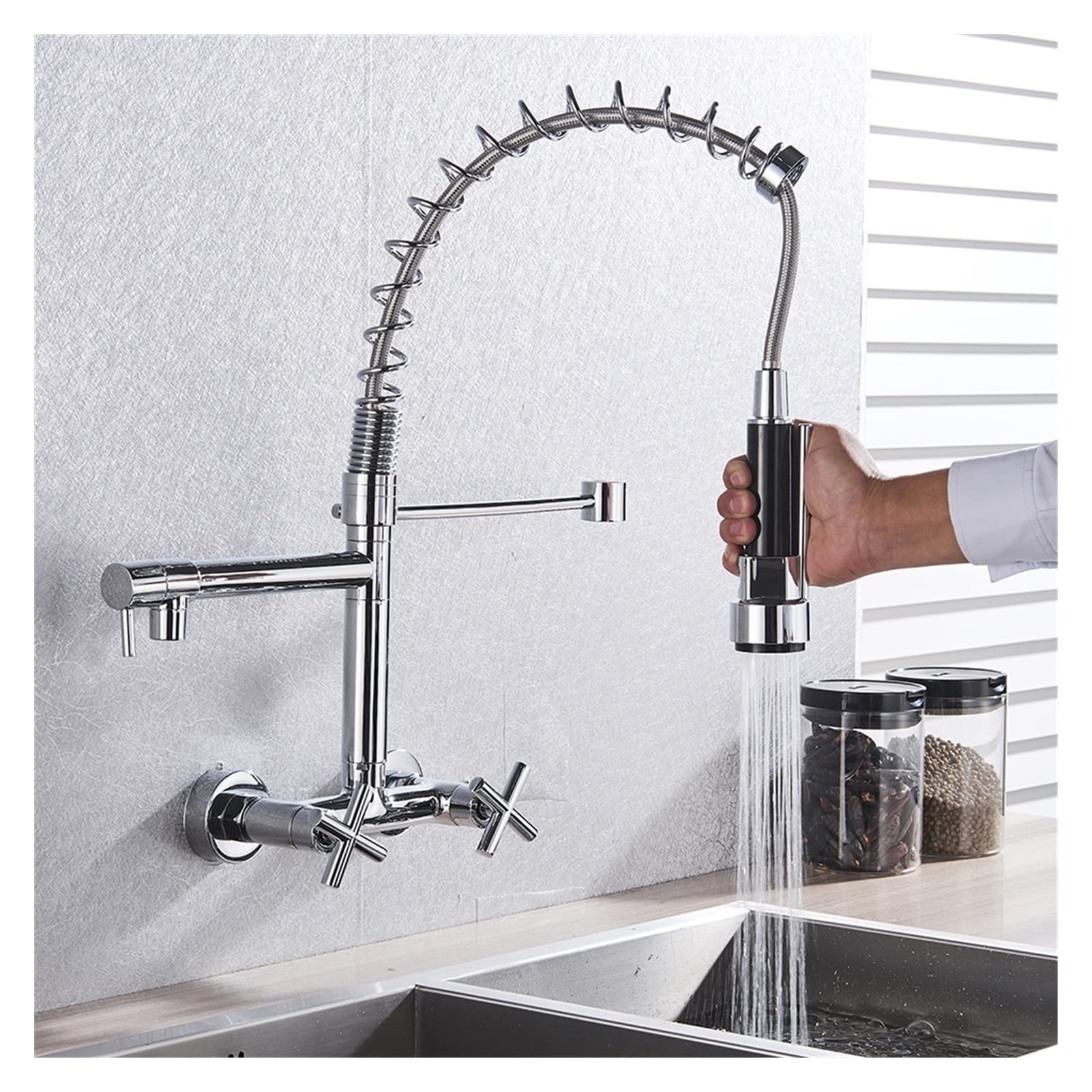 Grifo de cocina, Grifo de cocina Grifo de agua fría y caliente Grifo montado en la pared Contenedor Grifo de lavabo Grifo de caño giratorio doble Fregadero/Níquel cepillado a Comfortable anniversary