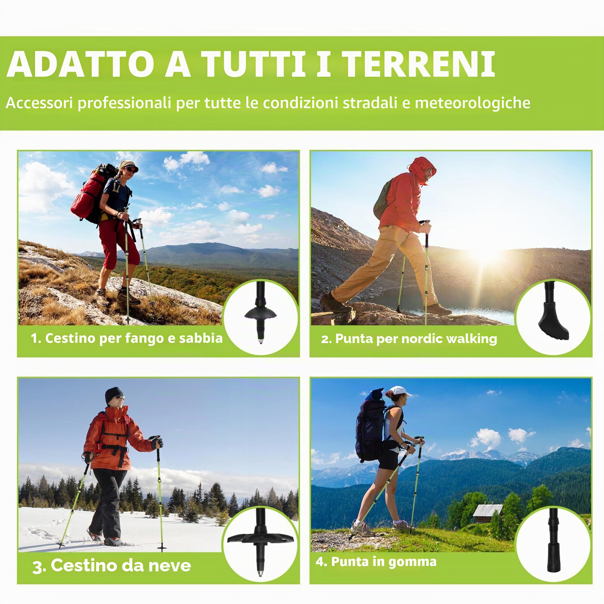Bastoncini da trekking telescopico Carbonio 3K o Alluminio (Alluminio - Verde)