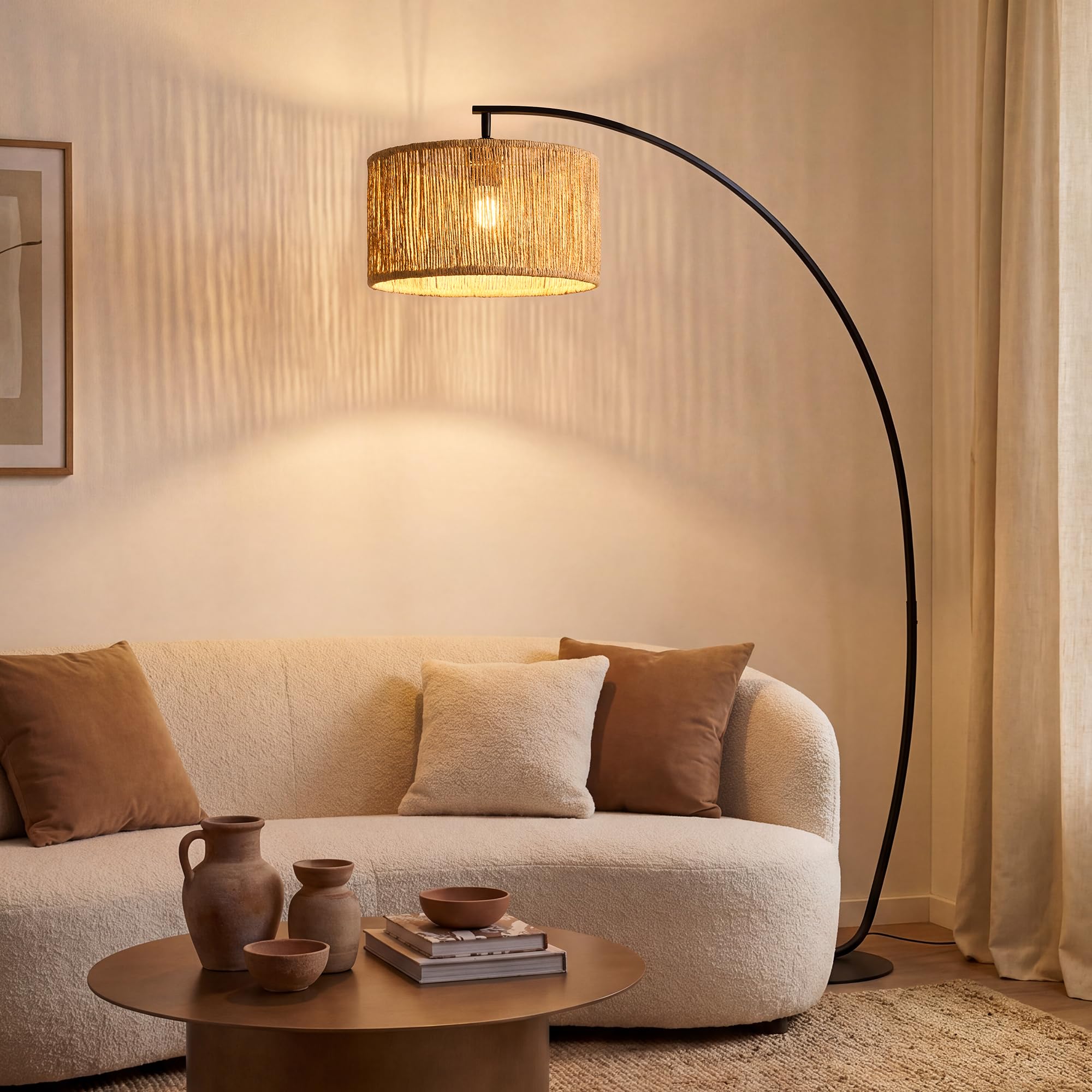 Bogenlampe Rattan, 101cm Ausladung, E27 Stehlampe Boho | Flachrohr Design, H178 cm, drehbar Lampenkopf, Fußschalter und 3 Farbtemperatur für Wohnzimmer Sofa Esstisch OVEL FL22