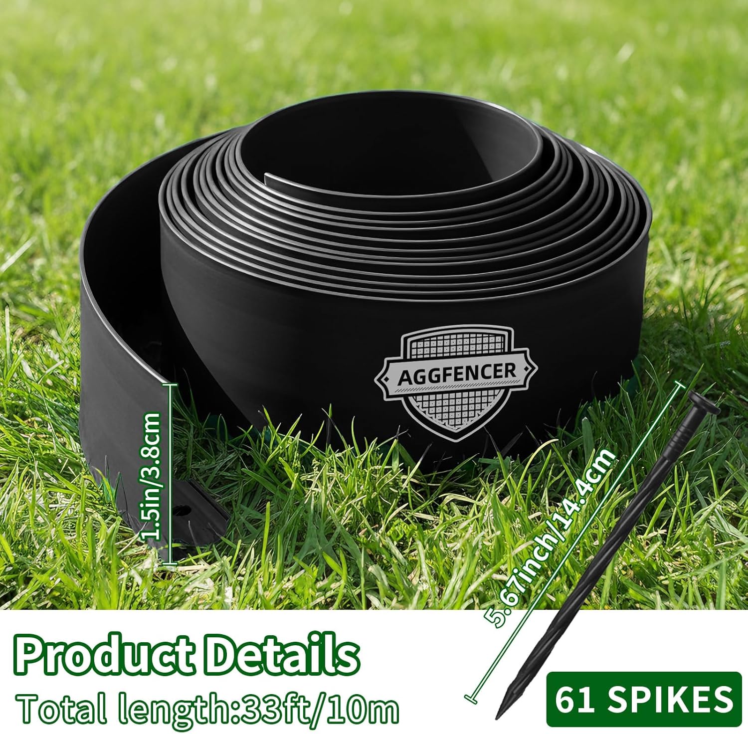 1.5 in x 33 Ft Garden Landscape Edging, No Dig Garden Edging Border Kit with 61 Pcs Spikes for Flower Bed Lawn Yard Grass Black