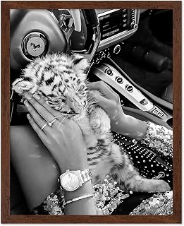 Monem Art Tiger Poster - Baby Tiger in Car Print - Fashion Art - Wild Cat Art - Animal Art - Car Art - Black and White Art - Photography Art - Living Room or Office Decor - 8x10 Brown Framed