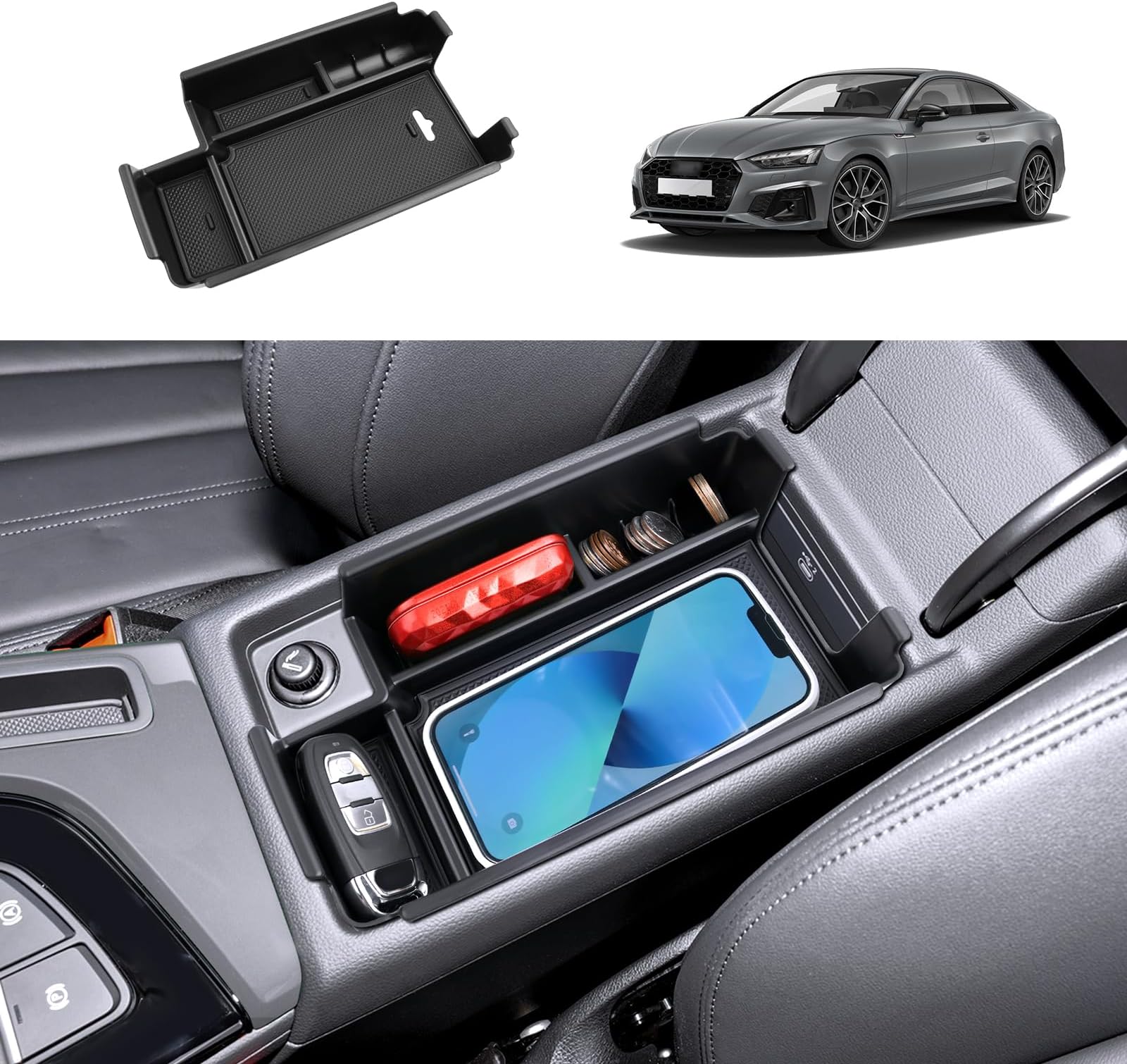Armrest Storage Box Compatible with A*udi A4 B9/A*udi A5 F5 2017-2024 Armrest Tray Center Console Organizer with Non-Slip Mat (Black)