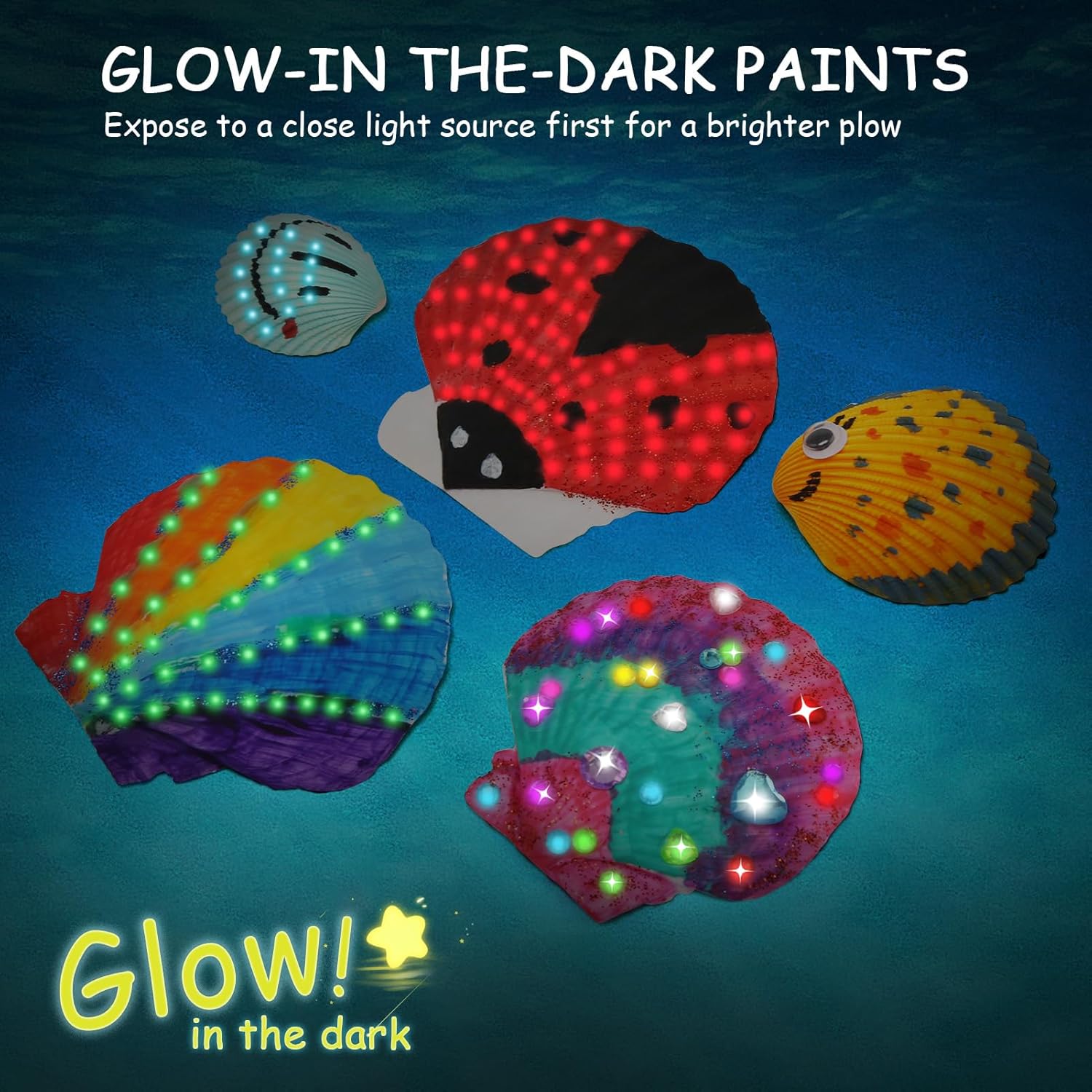 Four decorated seashells, some with glow-in-the-dark paint effects, on a dark blue background with text 'Glow-in-the-Dark Paints'.