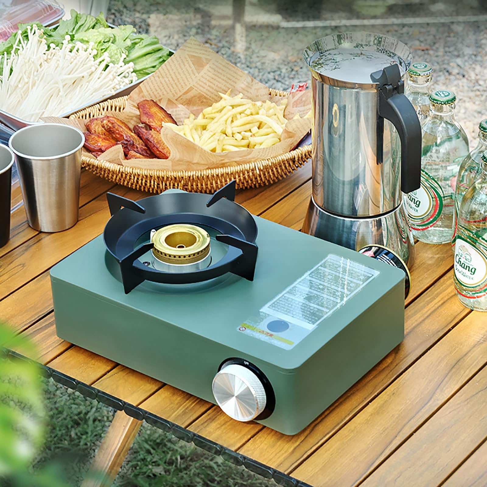 Fornello da Campeggio Portatile, Fornello da Campeggio Antivento, Stufa a Gas con Valigetta, Fornellino a Gas per Escursionismo Campeggio Trekking Picnic Potenza 5,2 W,Green1