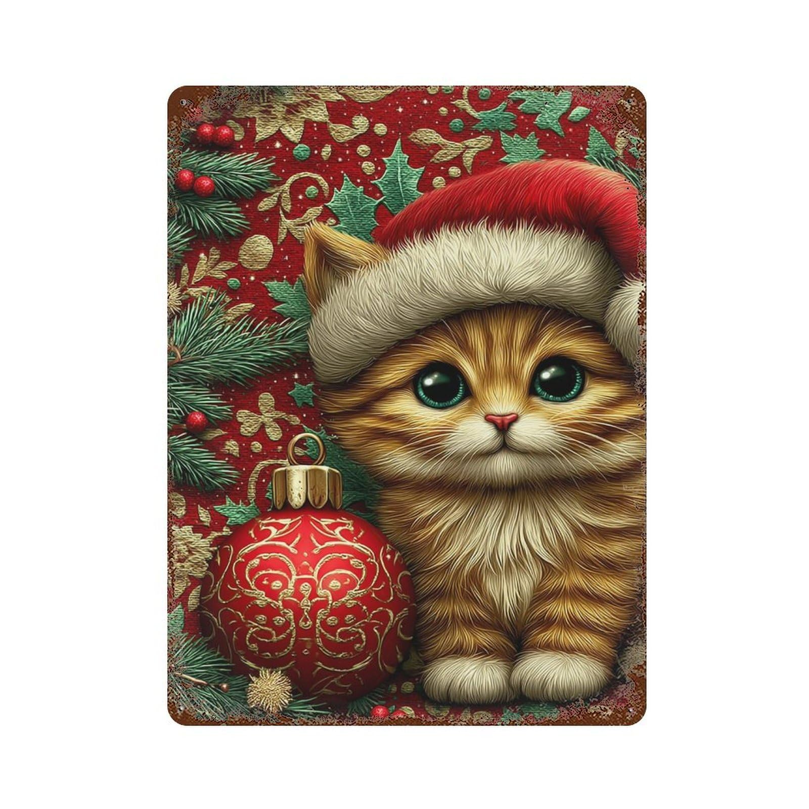 Christmas Kitten with Santa Hat Rust Effect Tin Sign 15.7"x11.8", Industrial Home Decor for Garage, Pub Or Kitchen