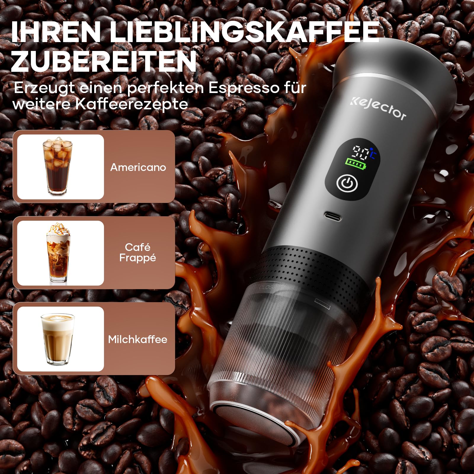 kejector Tragbare Espressomaschine mit Akku, 3-IN-1 für gemahlenem Kaffee und Kapsel, Digitalanzeige