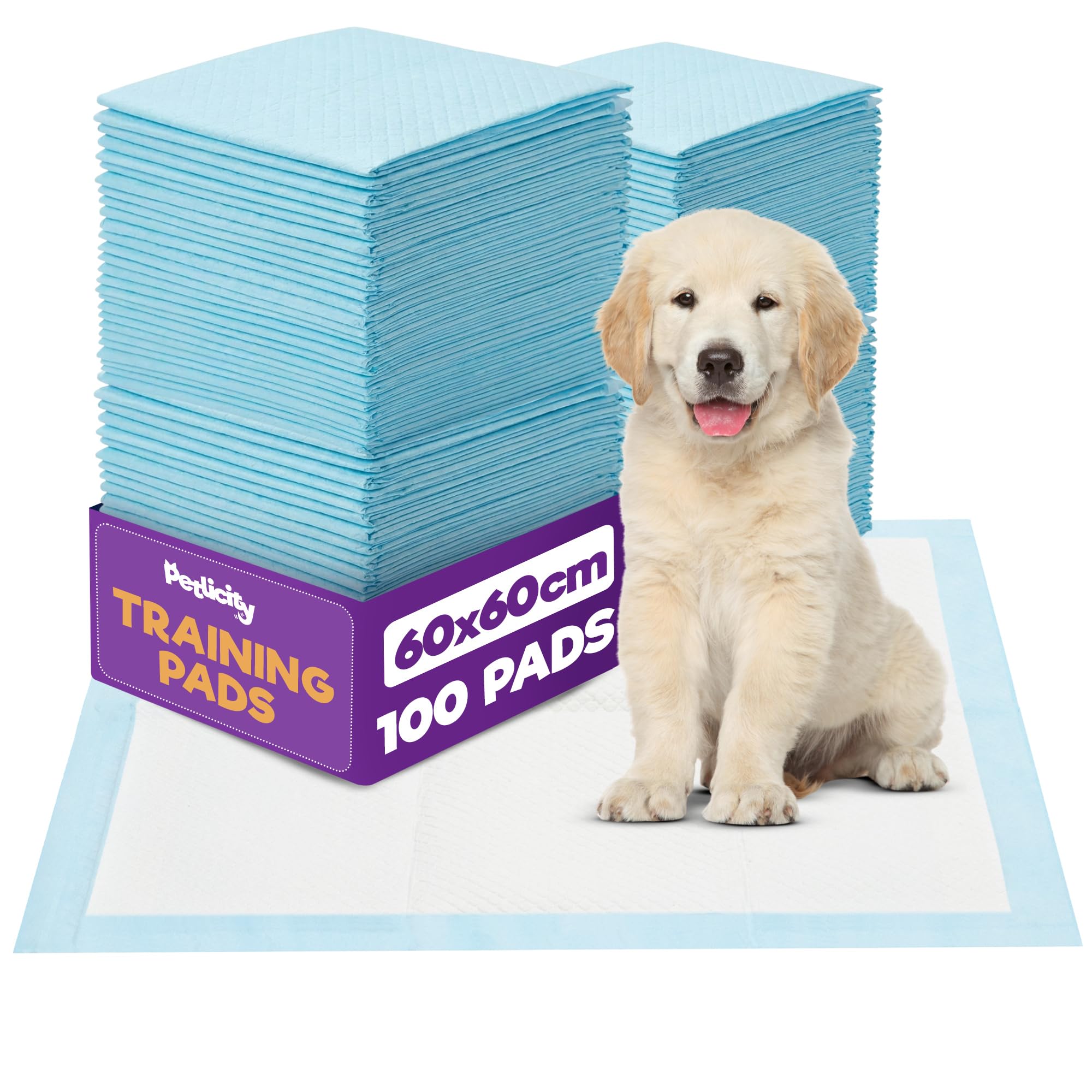 Petlicity 60x60cm Medium Puppy Pads 100-pack - Disposable Puppy Training Pads, Highly Absorbent Leak-Proof Dog Training Pads, Premium Quality Quick-Dry Dog Pee Pads - Dog Pads for Pee, Dog Mats Medium