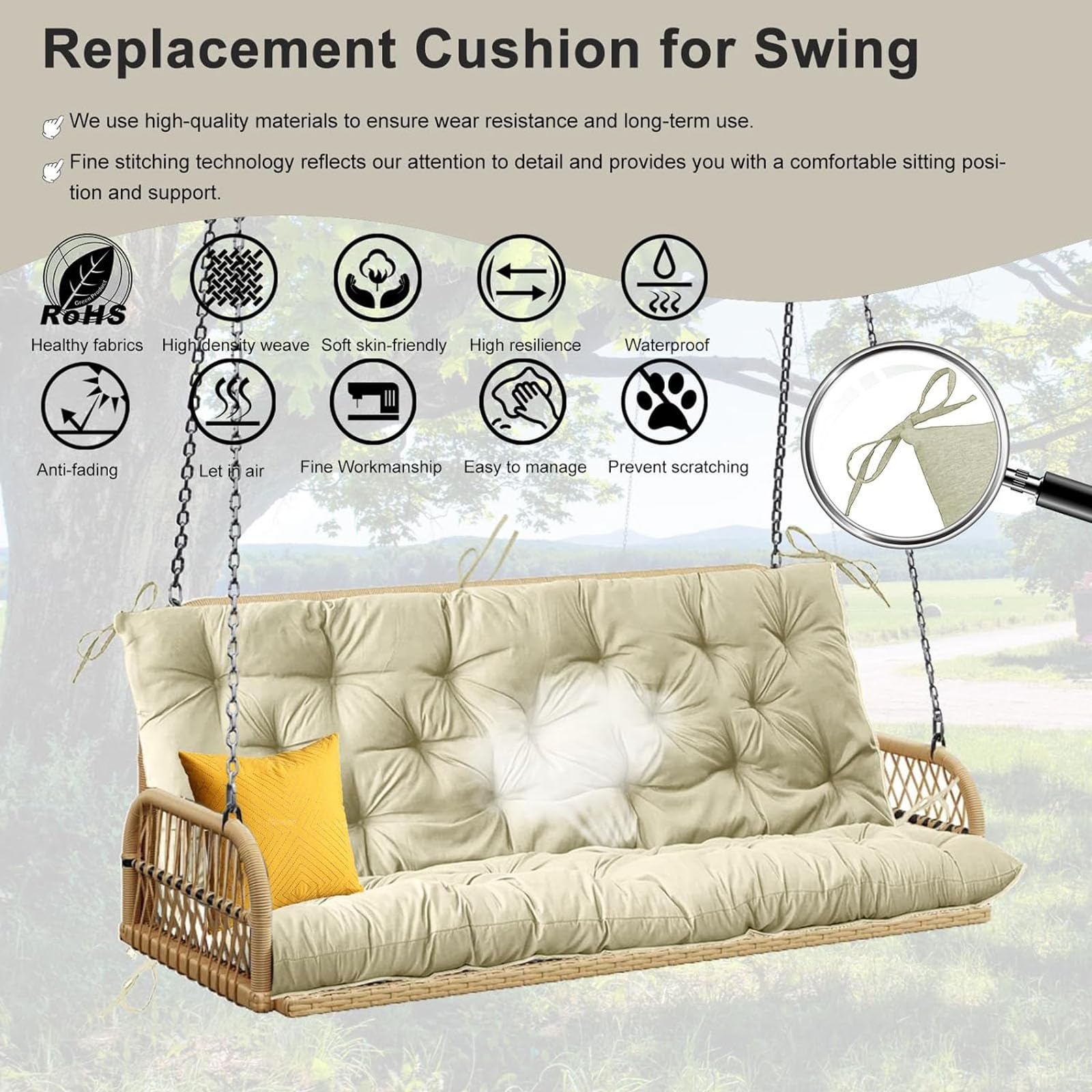 Coussin de rechange imperméable pour balancelle de porche 3 places avec dossier épais et 10,2 cm – Coussin de rechange pour balancelle de jardin avec attaches – 101,6 x 101,6 cm – Blanc cassé