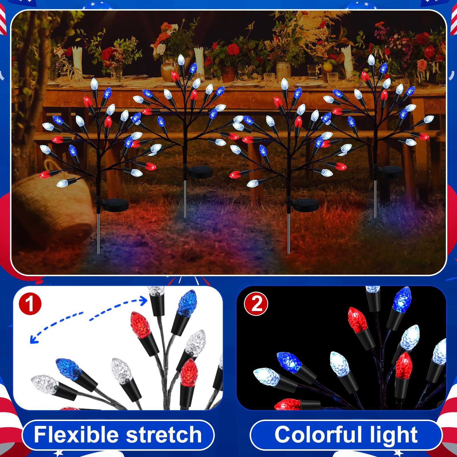Glooglitter 4 szt. solarne lampki na paliki zewnętrzne 4 lipca, dekoracje na Dzień Niepodległości, na zewnątrz, wodoodporne, 40 diod LED, czerwone białe i niebieskie światła na ścieżkę, werandę