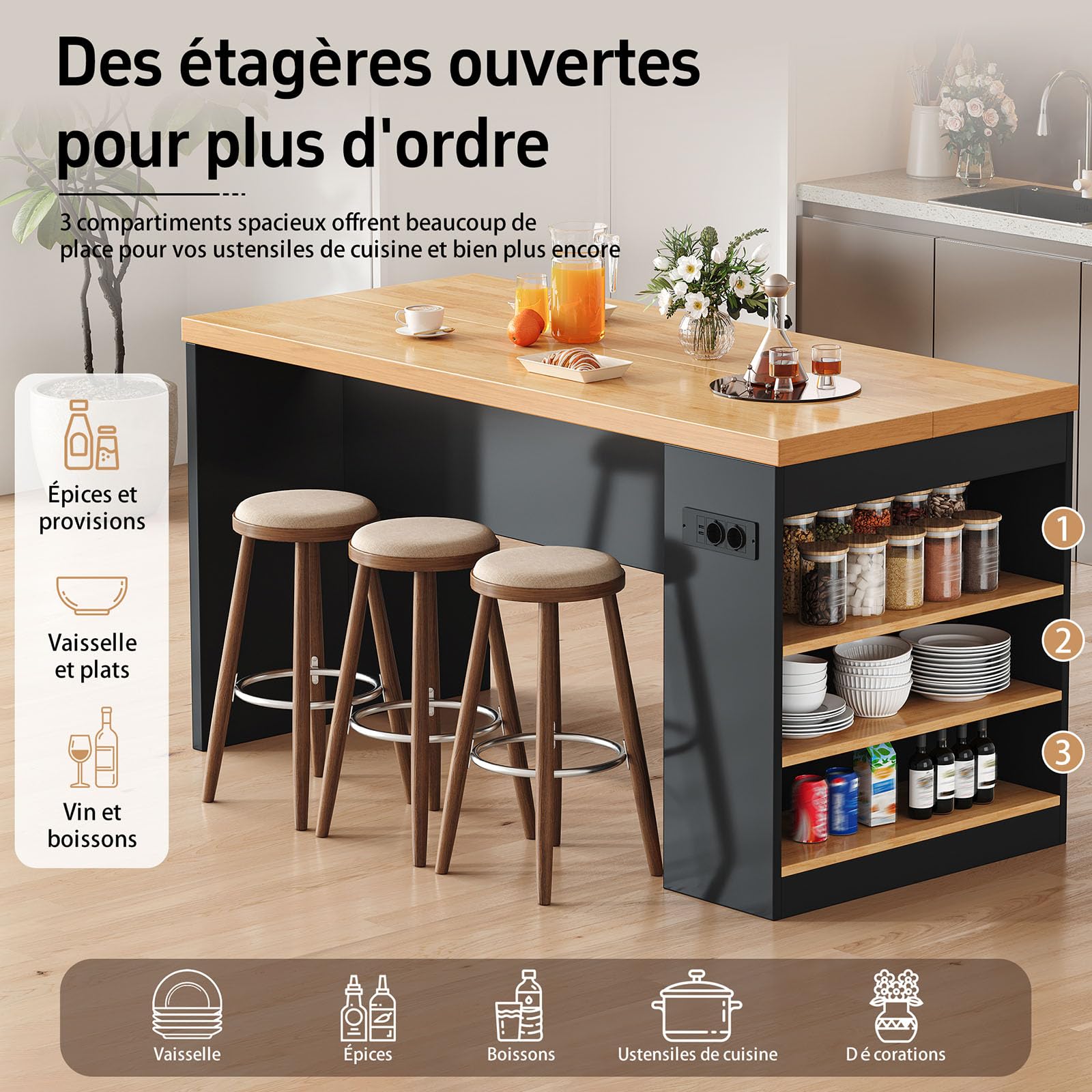 DHHU Îlot de Cuisine 155x80x90 cm avec Prises & USB, Plan de Travail Épais 40 mm, Éclairage LED Intégré, 3 Étagères de Rangement, Meuble Multifonction pour Cuisine et Salle à Manger