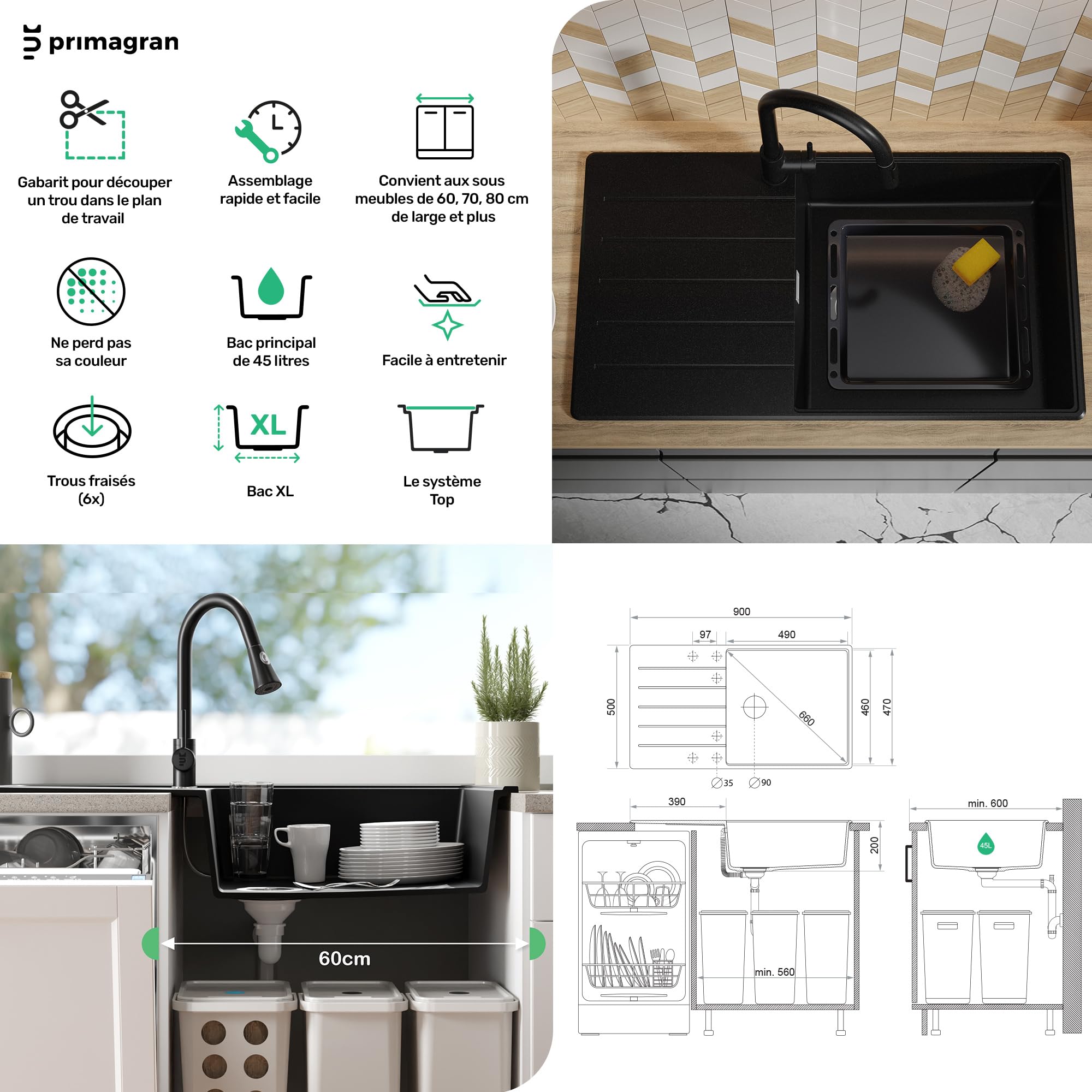 PRIMAGRAN Evier Cuisine en Granit Tout Beige 90x50cm, Lavabo 1 bac + Kit de Vidage, Évier à Encastrer au Meuble 60cm - Copenhague Top S668