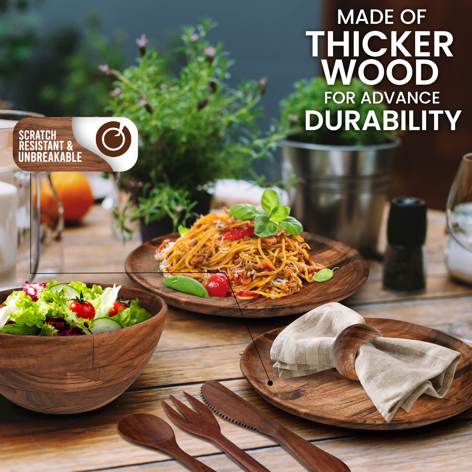 Premium Acacia Wood Dinnerware Set By Chef's Unique 100% Natural
