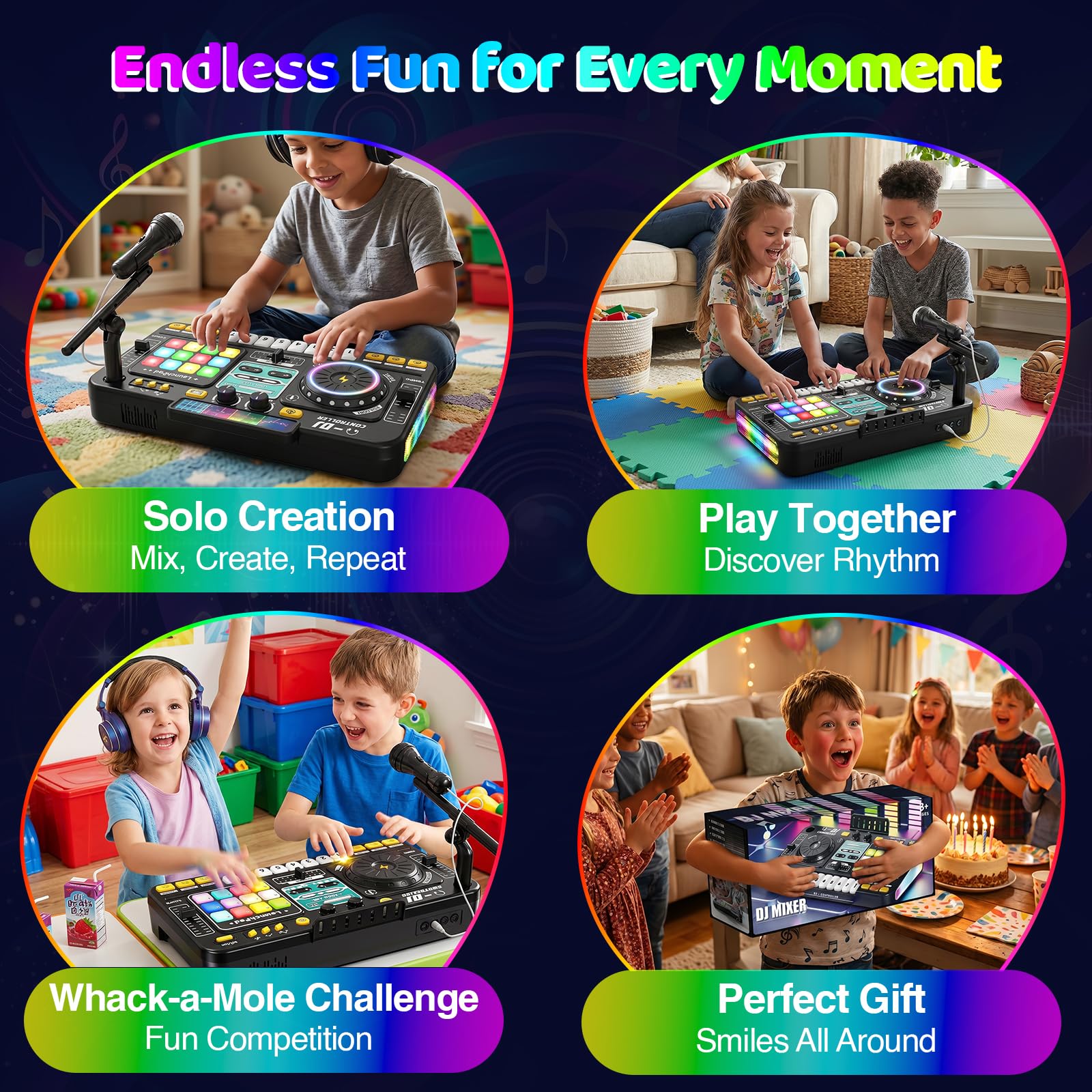Tavolo DJ per bambini, mixer multifunzione DJ con microfono, 100+ effetti sonori, batteria, giocattolo educativo interattivo con effetti luminosi, per bambini dai 3 ai 12 anni e principianti