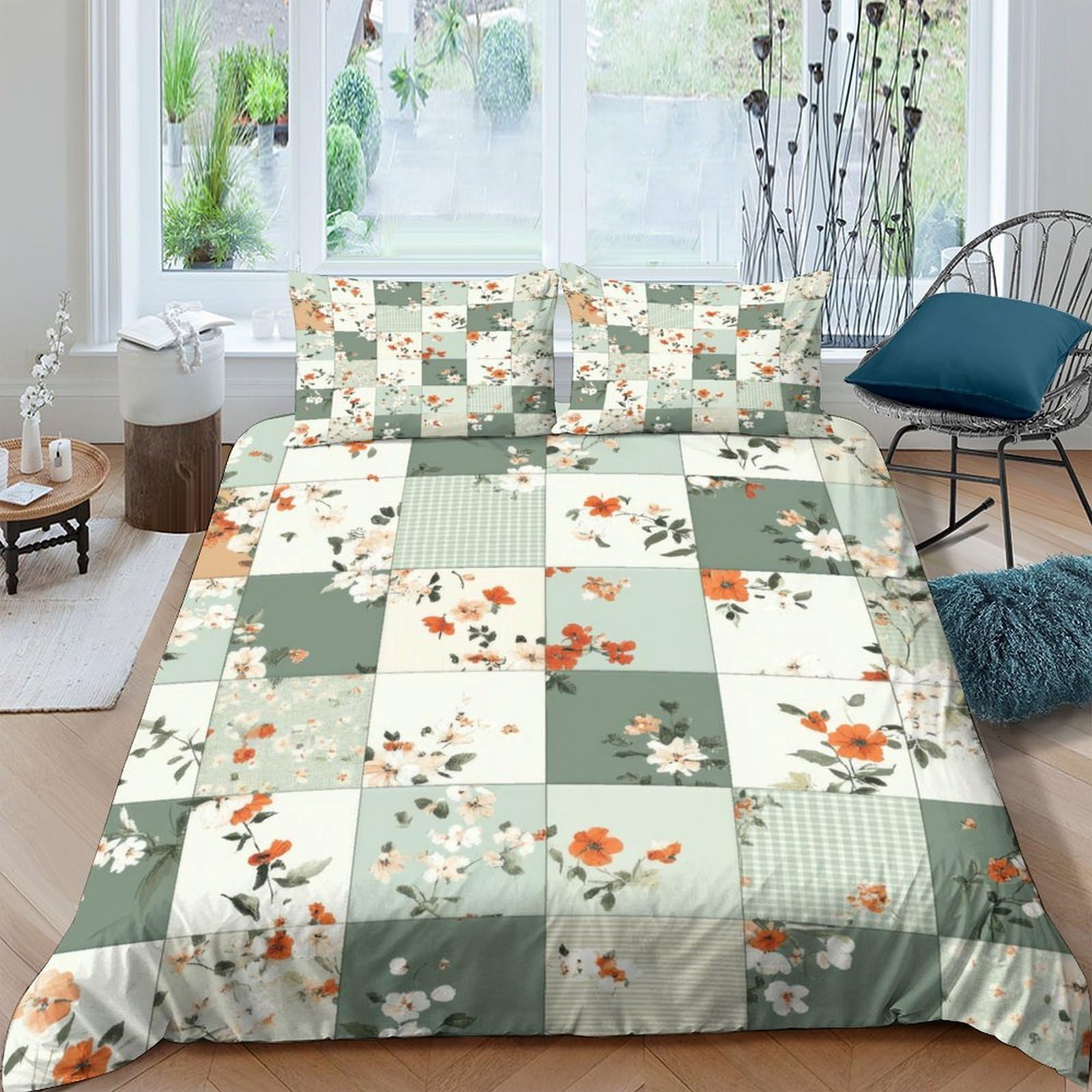 TUFRTGYHN 3D Printed Green Floral Patchwork Duvet Cover Set Microfiber Soft Breathable Orange Blossom Quilt Cover with 2 Pillowcases for Bedroom Decor Single（135x200cm）