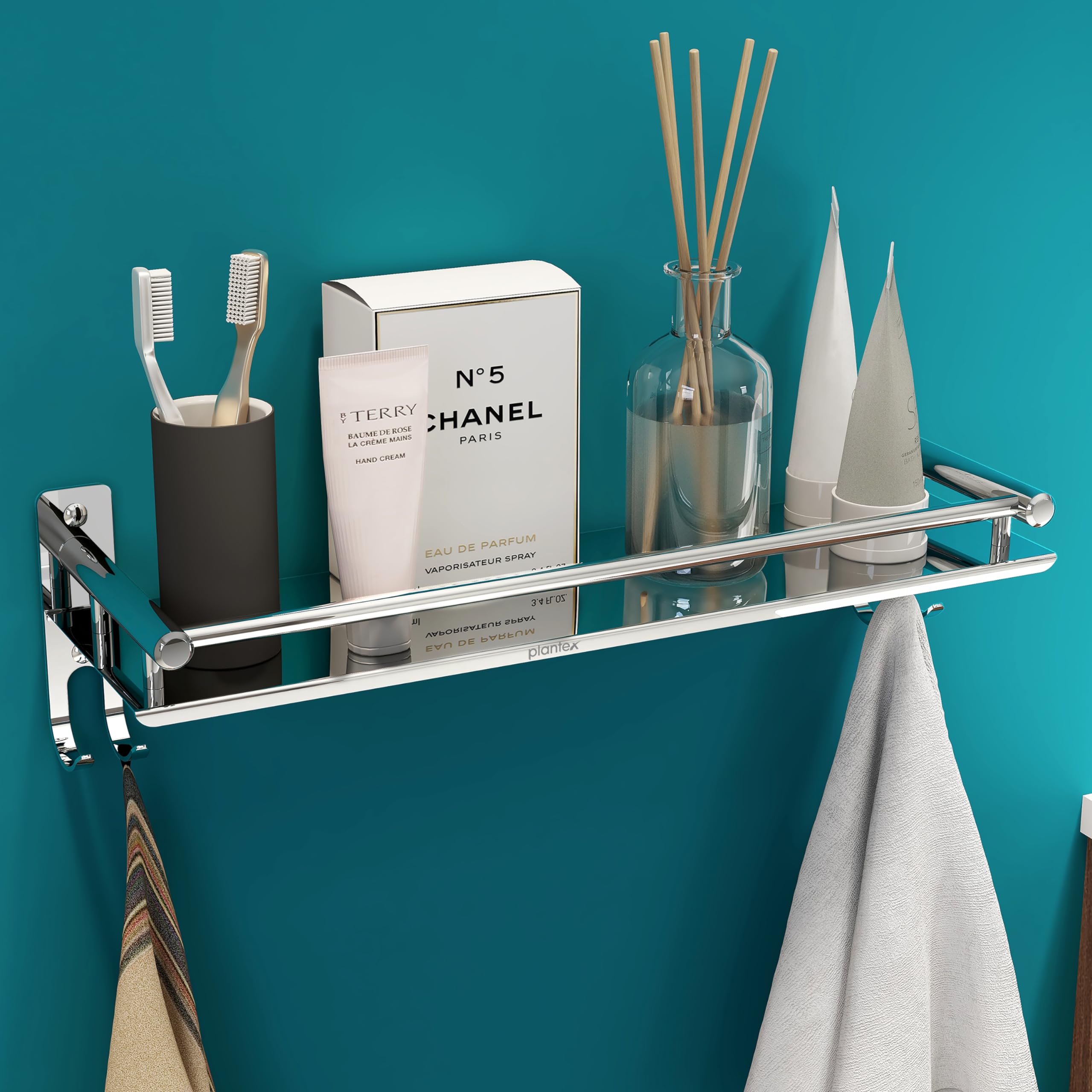 Plantex Stainless Steel Shelf for Bathroom/Stand for Bathroom/Kitchen/Living Room with Hooks and Railings/Bathroom Accessories (16x5 inches, Chrome) (B0CH15V6YL) Amazon Price History, Amazon Price Tracker