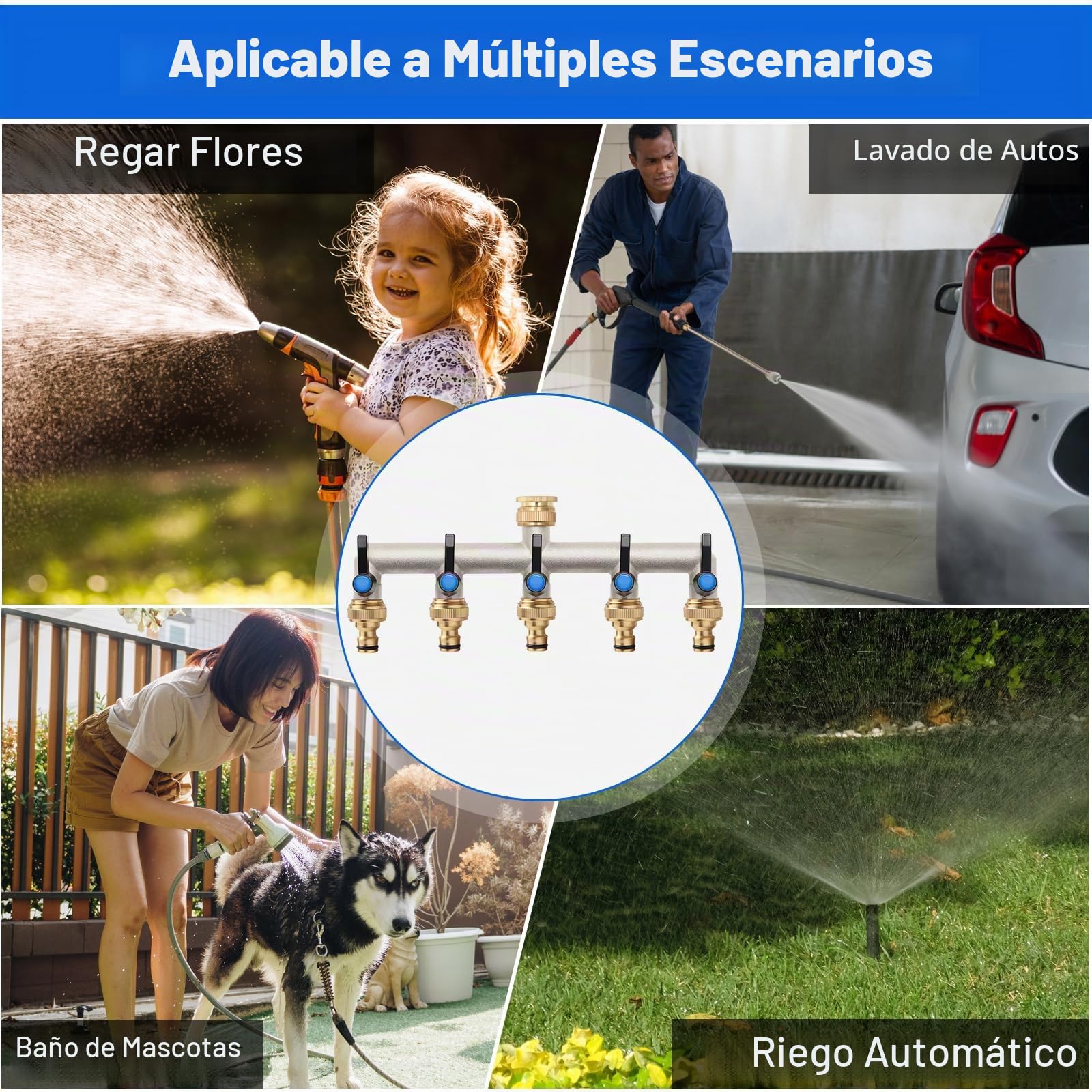 Distribuidor de Agua de 5 vías, Conector de Agua de latón, Adaptador de 3/4 Pulgadas con 5 Conectores de Grifo de 3/4 Pulgadas a 1/2 Pulgadas para casa, Patio o Lavadora