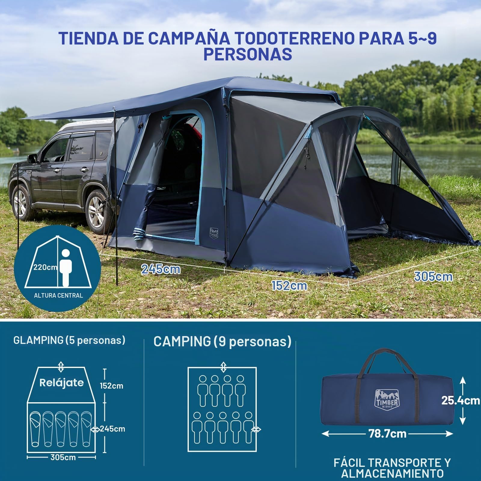 TIMBER RIDGE Tienda de campaña SUV para 5 a 9 personas con porche y toldo para acampar familiar, resistente a la intemperie y portátil, para furgoneta o coche, incluye bolsa de almacenamiento, 13 pies