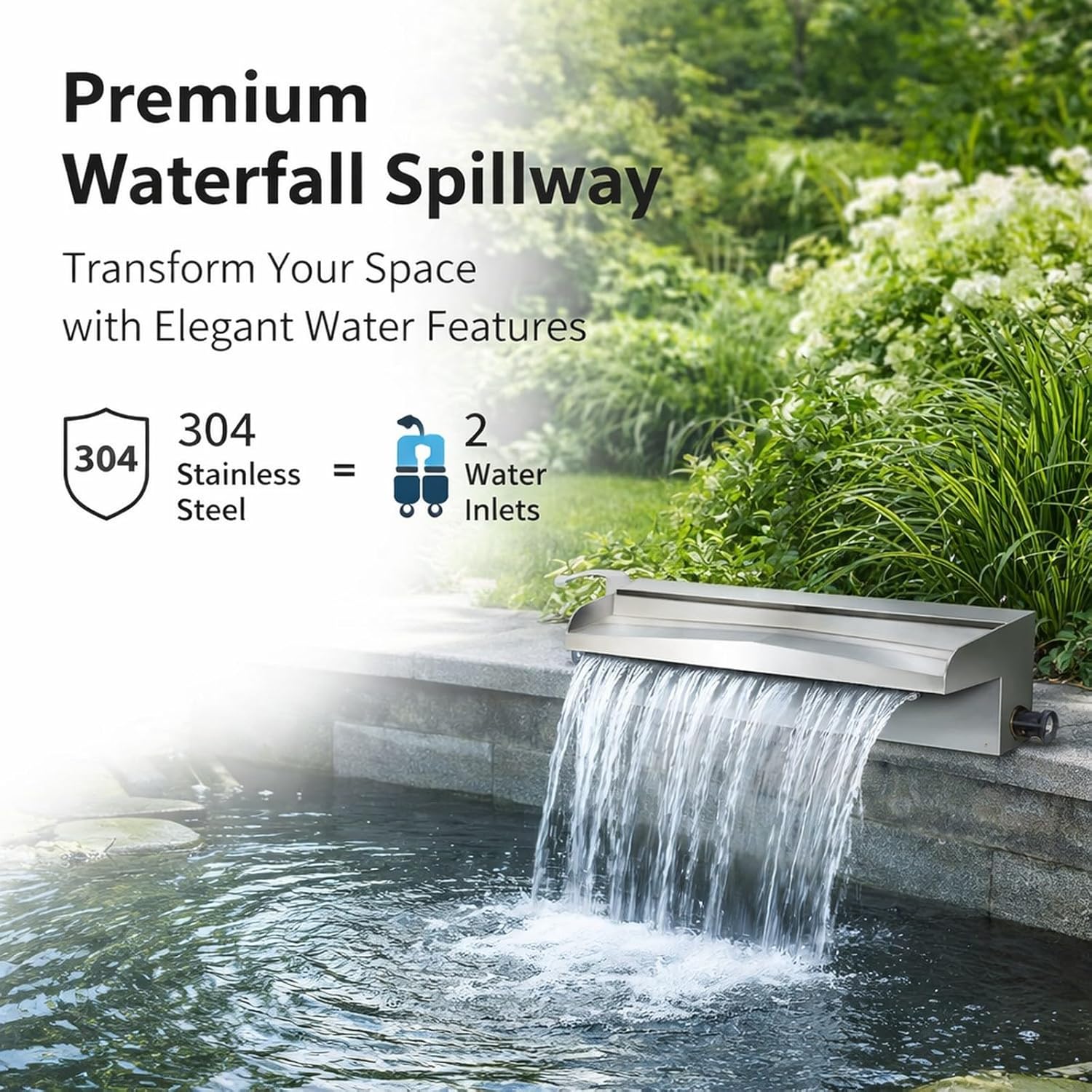 304 Stainless Steel Spillway Waterfall Spout for Outdoor Fountain 15.7 Inch - Rustproof Durable Material, Wide Waterfall, Easy Installation for Pools and Gardens
