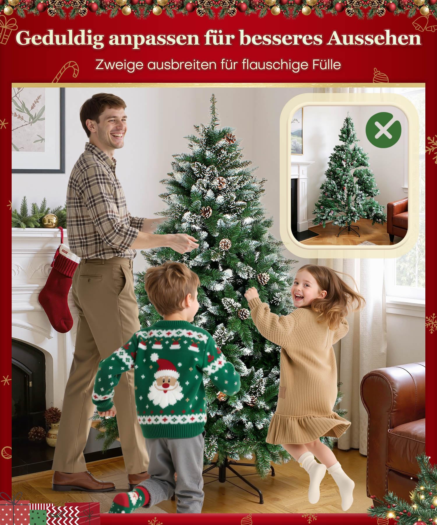 Yorbay 180cm Künstlicher Weihnachtsbaum mit Tannenzapfen: Schnee-Effekt | Tannenbaum Künstlich mit Stabiler Ständer für Weihnachten Dekoration Mehrweg - Weihnachtsbaum für Zuhause Büro Geschäft