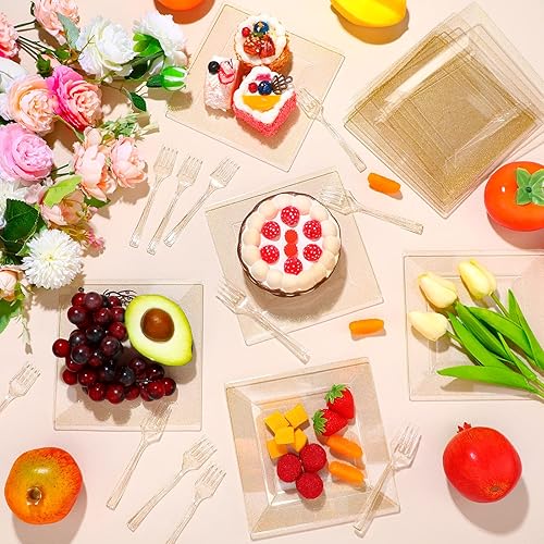 Miniatura 6 de Eccliy Juego de 200 platos de plástico con purpurina dorada, incluye 100 platos desechables con purpurina de 6.5 pulgadas y 100 tenedores de postre