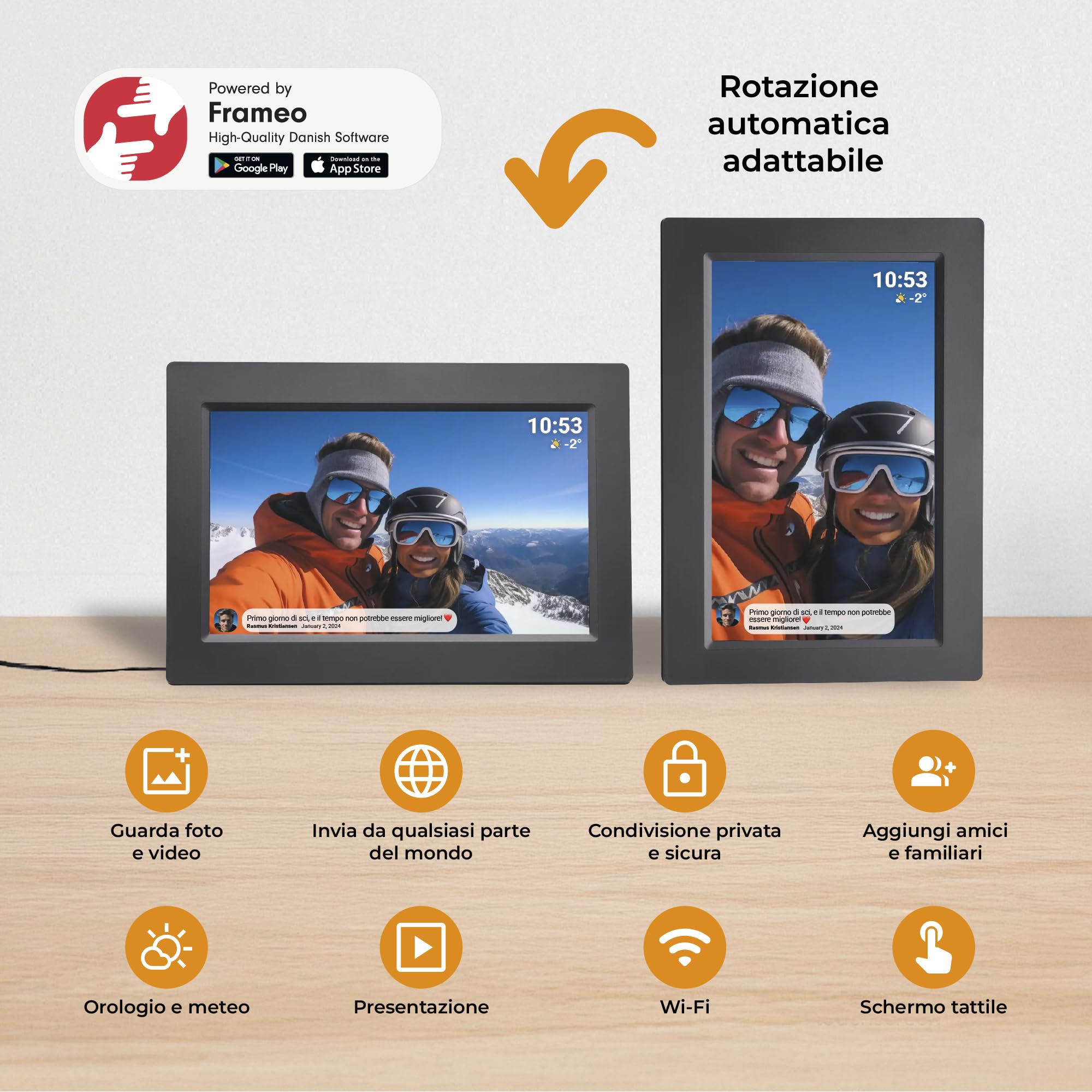 Cornice Digitale 10 Pollici WiFi – Schermo IPS HD 1280x800 – Portafoto Digitale Frameo Denver per Foto e Video – Cornice Elettronica Touchscreen Smart – 16GB Memoria – Slot microSD – Nera