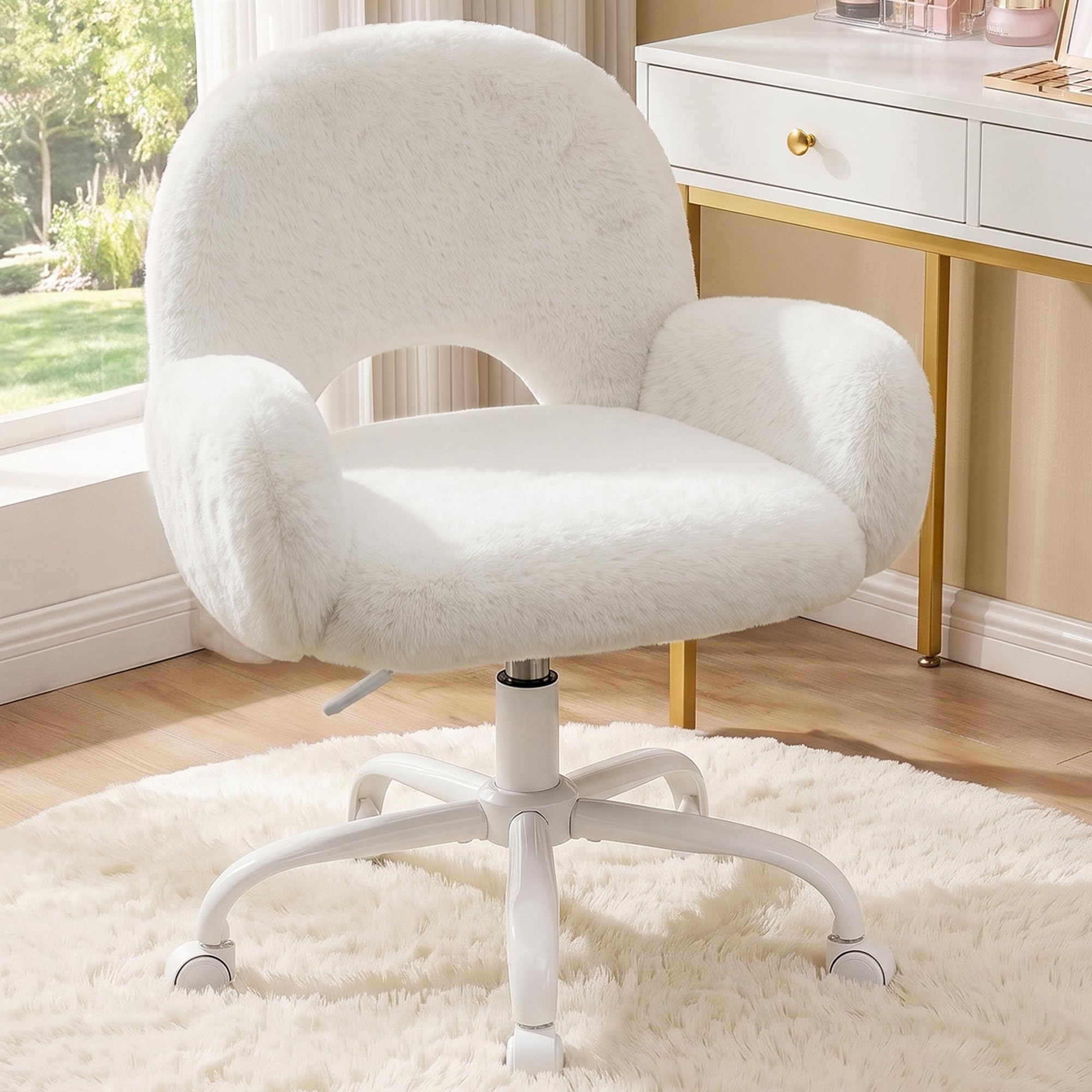 Cliporix Desk Chair, 10cm Extra Thick Vanity Chair with Wheels, Comfy Fluffy Faux Fur, U-shape Hollow-out Back Support, Adjustable Height, Armrests Swivel Makeup Chair for Work 150kg Load