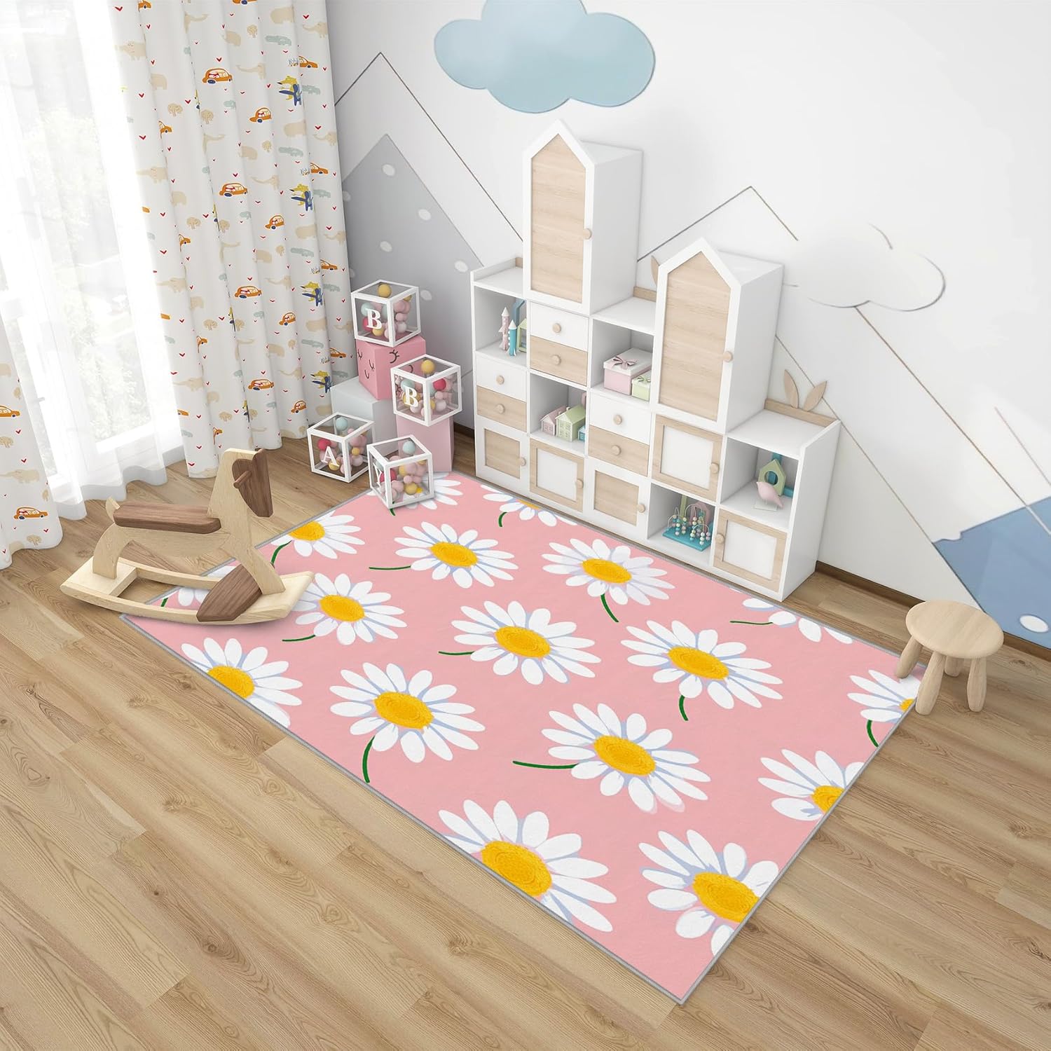Daisy Rug - 2x3 ft Washable Non-Slip Stain Resistant Girls Floral Area Rug, Flower Carpet for Entryway, Kitchen, Bedside, Daisy Home Decor & Gifts