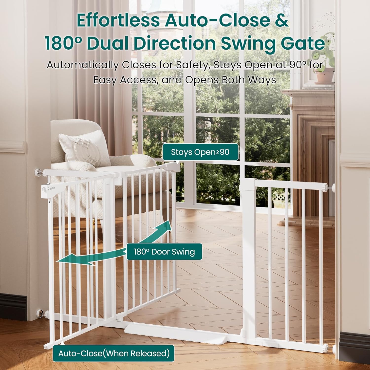 Cumbor 30-54 Extra Wide Baby Gate for Stairs, Dual Lock & Self-Closing Dog Gate Indoor, Easy Install Pet Gate for Doorways, Hallways & Kitchen, Easy Walk Thru Safety Proofing for Babies & Pets, White