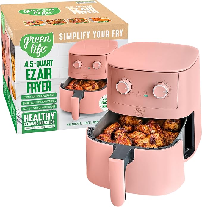 GreenLife 4.5QT pink air fryer with mechanical dials and ceramic drawer