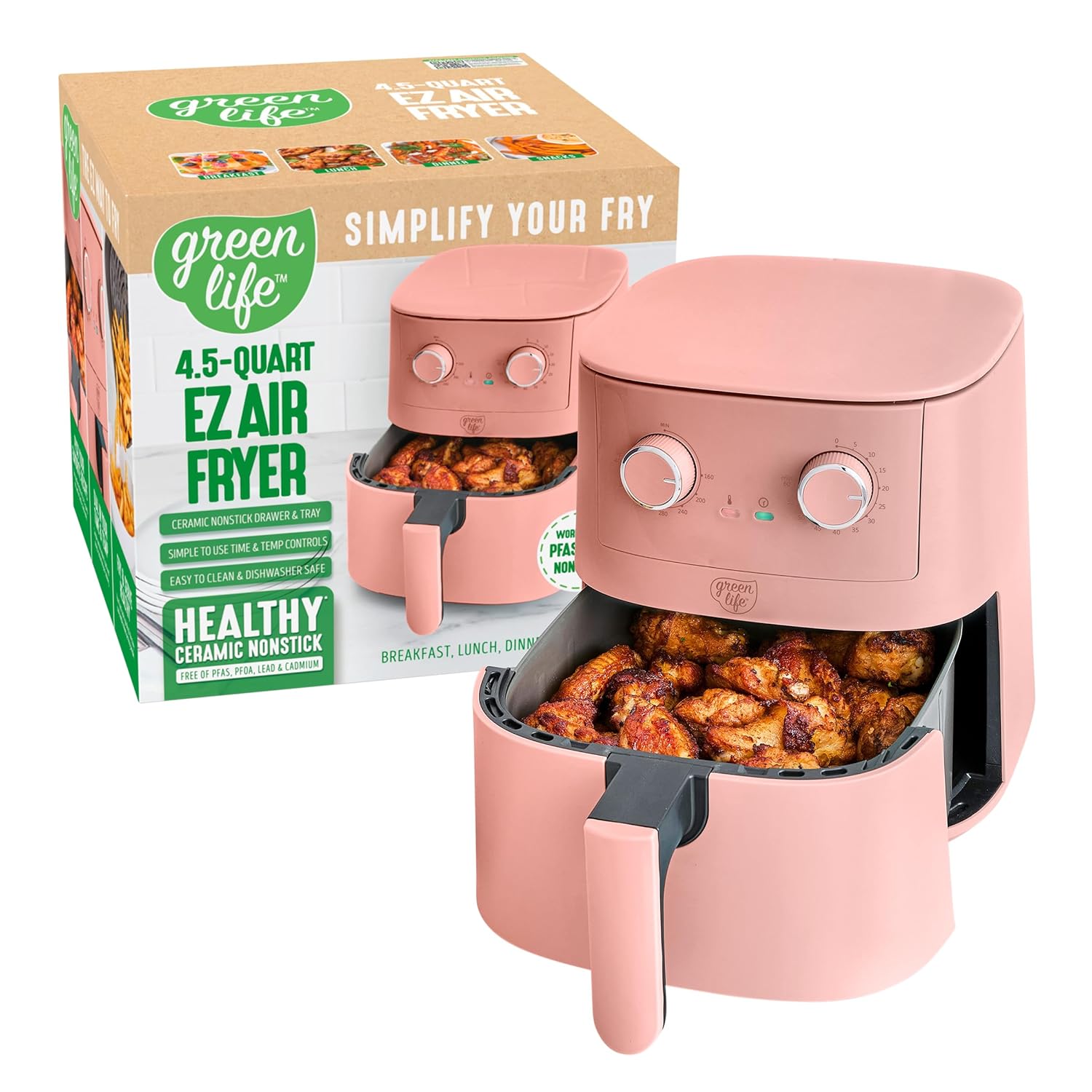 GreenLife 4 5QT Air Fryer Mechanical Dial Controls PFAS-Free Ceramic Nonstick Drawer Adjustable Temp Timer LED Indicator Oil-Less